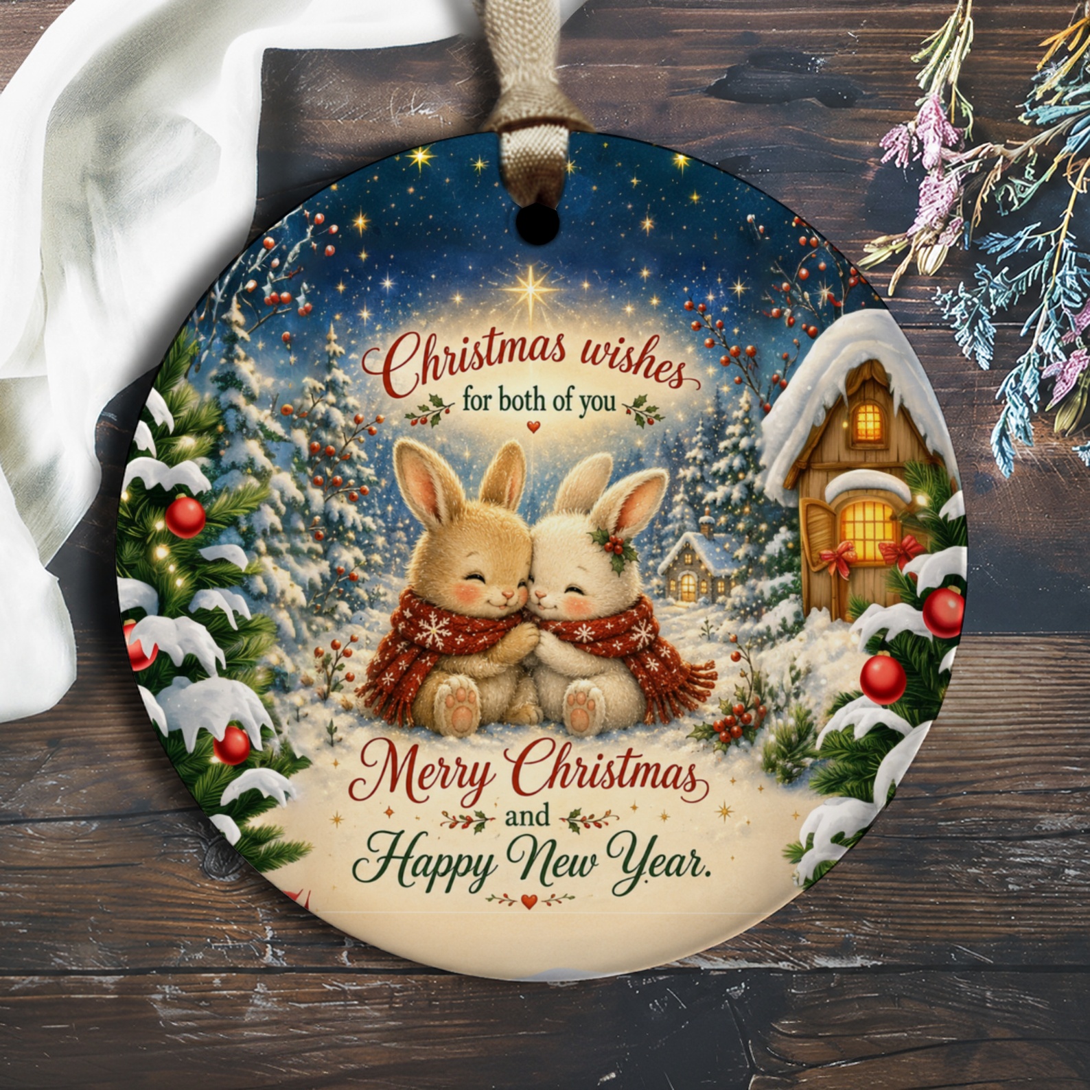Christmas Wishes For Both Of You Ornament Merry Christmas Happy New Year Cute Bunnies Winter Scene Holiday Decor O1889
