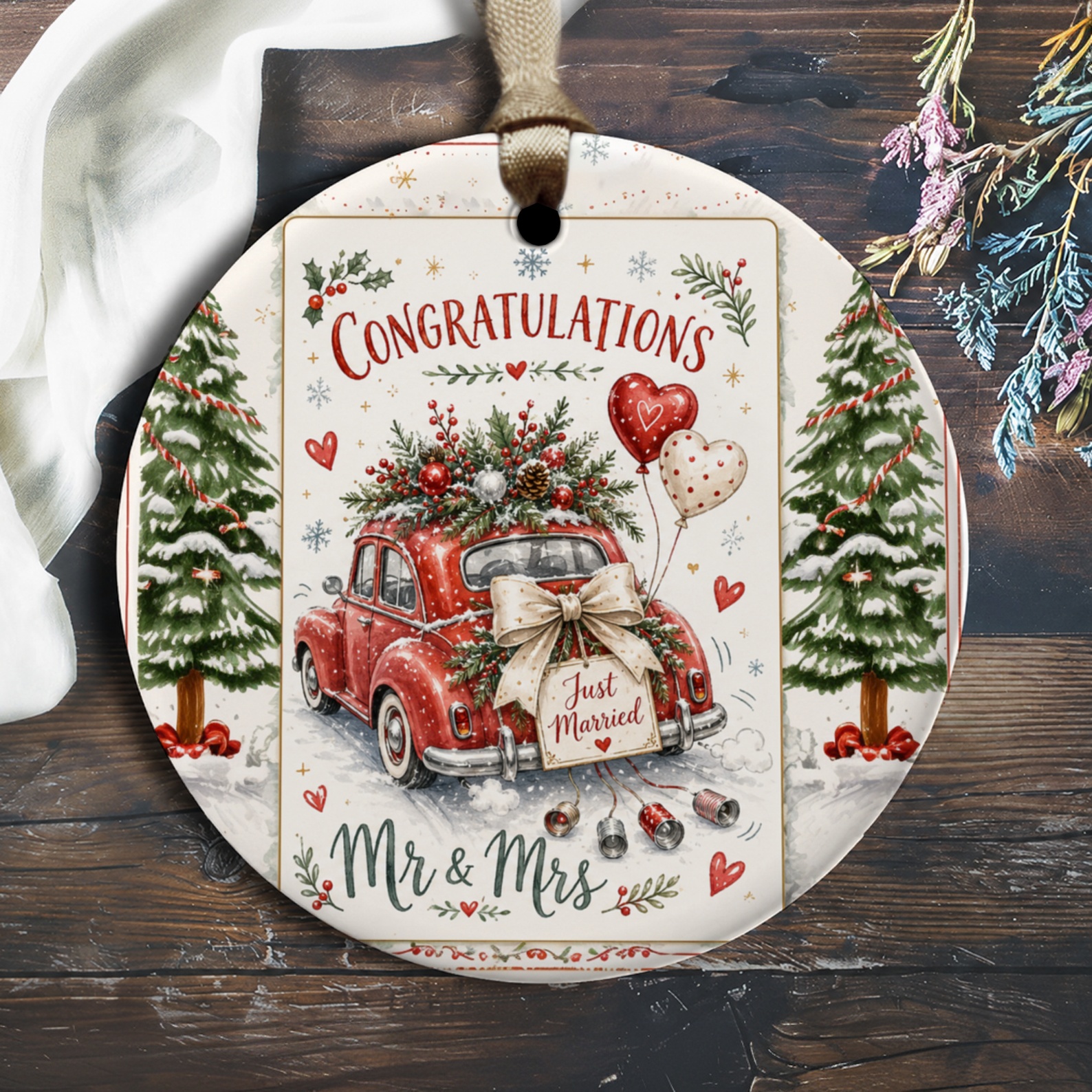Congratulations Just Married Mr & Mrs Wedding Ornament Red Car Newlywed Gift Christmas Decor Keepsake O1898