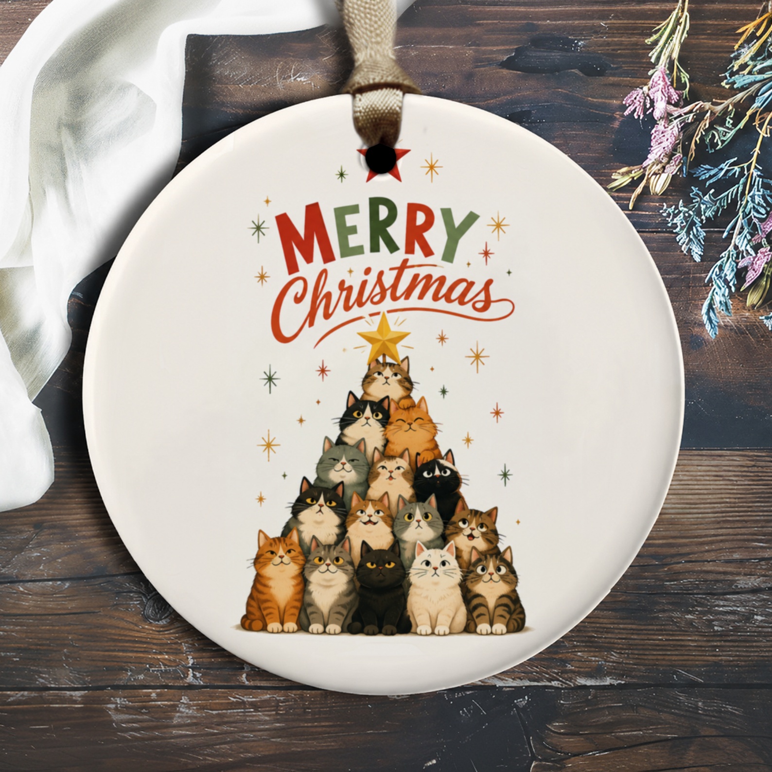 Merry Christmas Cat Ornament Cute Holiday Decor Feline Lovers Christmas Tree Decoration Festive Cat Lover Gift O1909