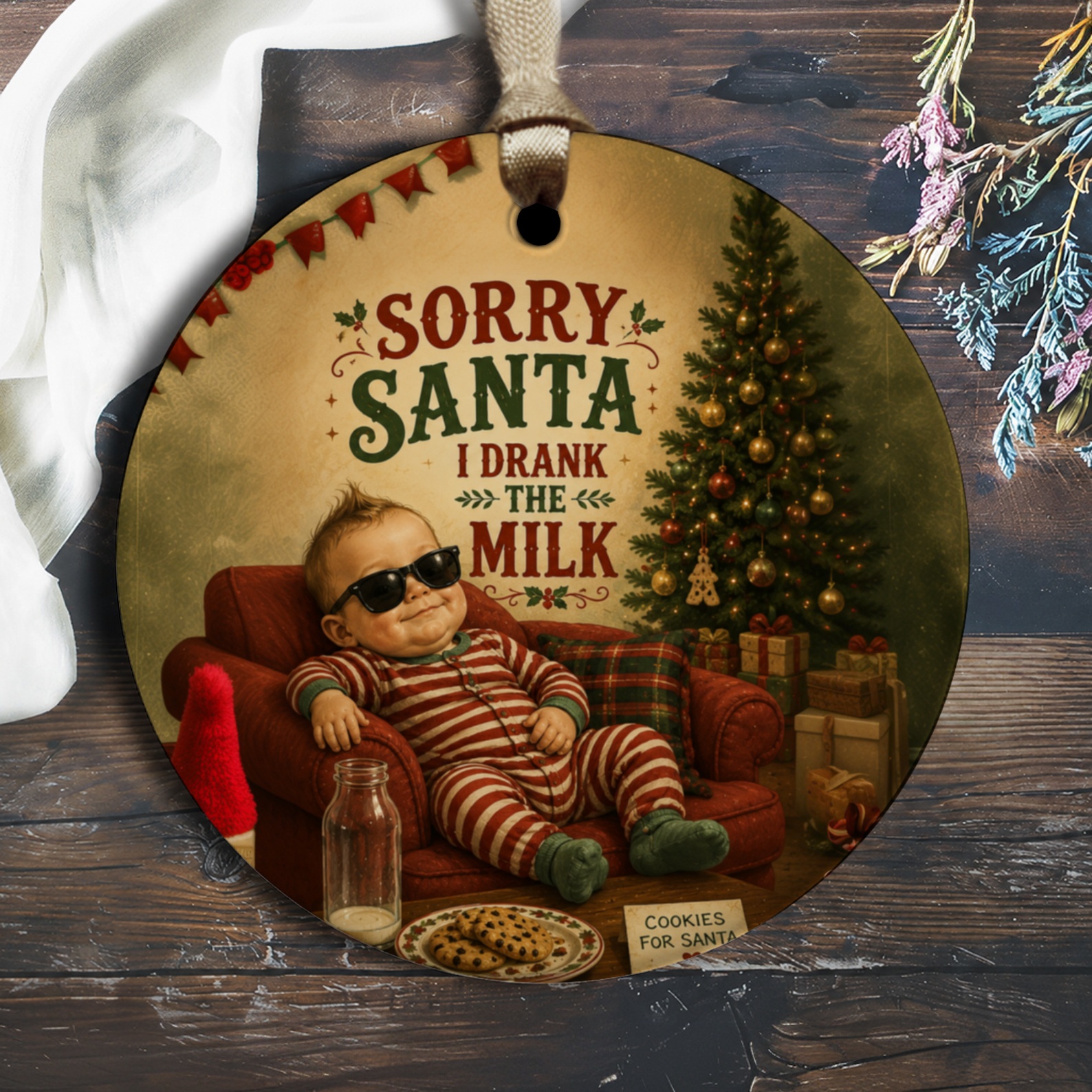 Sorry Santa I Drank The Milk Funny Christmas Ornament Baby In Sunglasses Holiday Decor Cute Tree Decoration Gift O1940