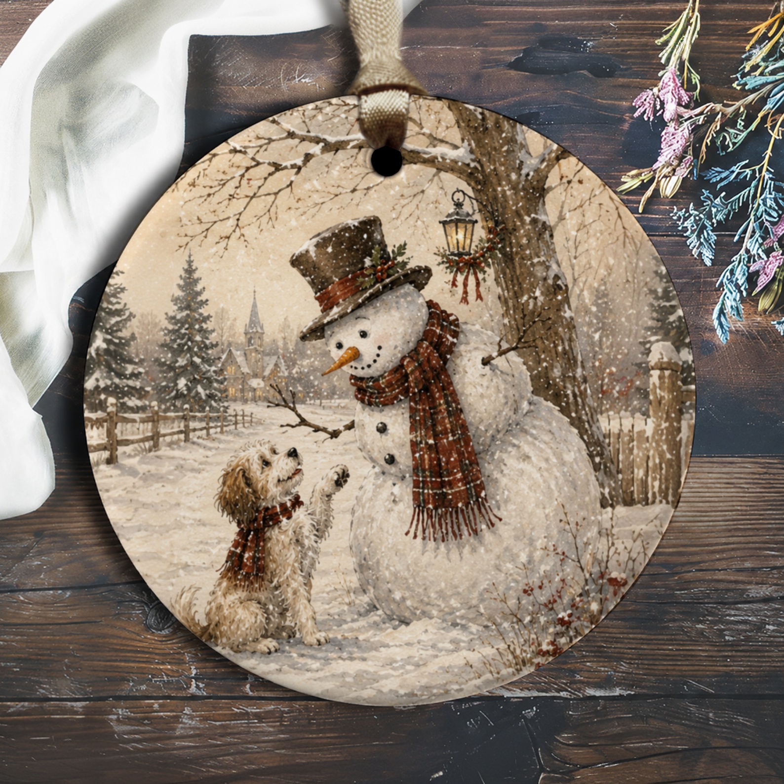 Snowman And Dog Ornament Winter Scene Christmas Decoration Cute Holiday Decor For Animal Lovers Festive Tree Ornament O1944