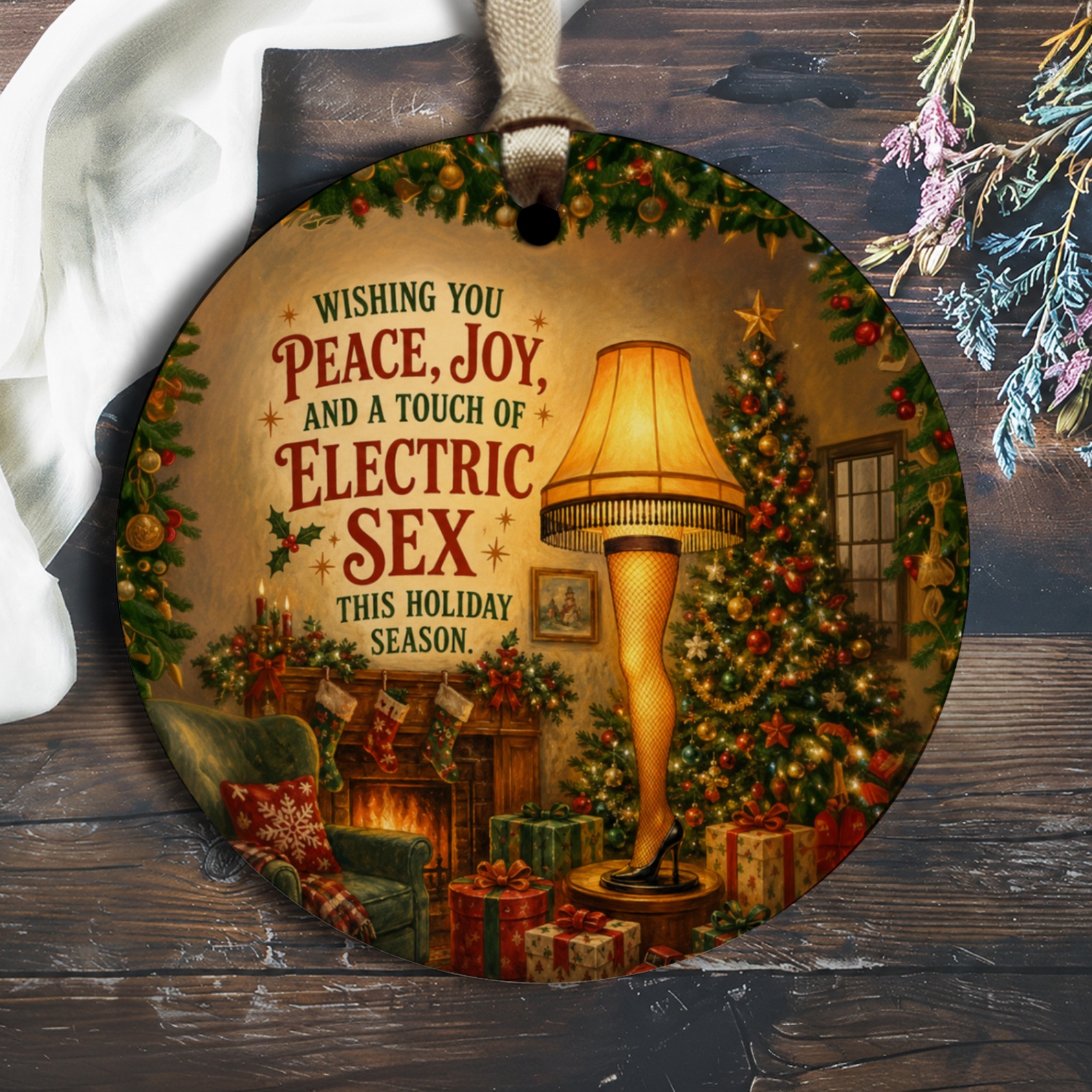 Wishing You Peace, Joy, And A Touch Of Electric Sex Christmas Ornament Funny Holiday Decor Leg Lamp Gift O1950