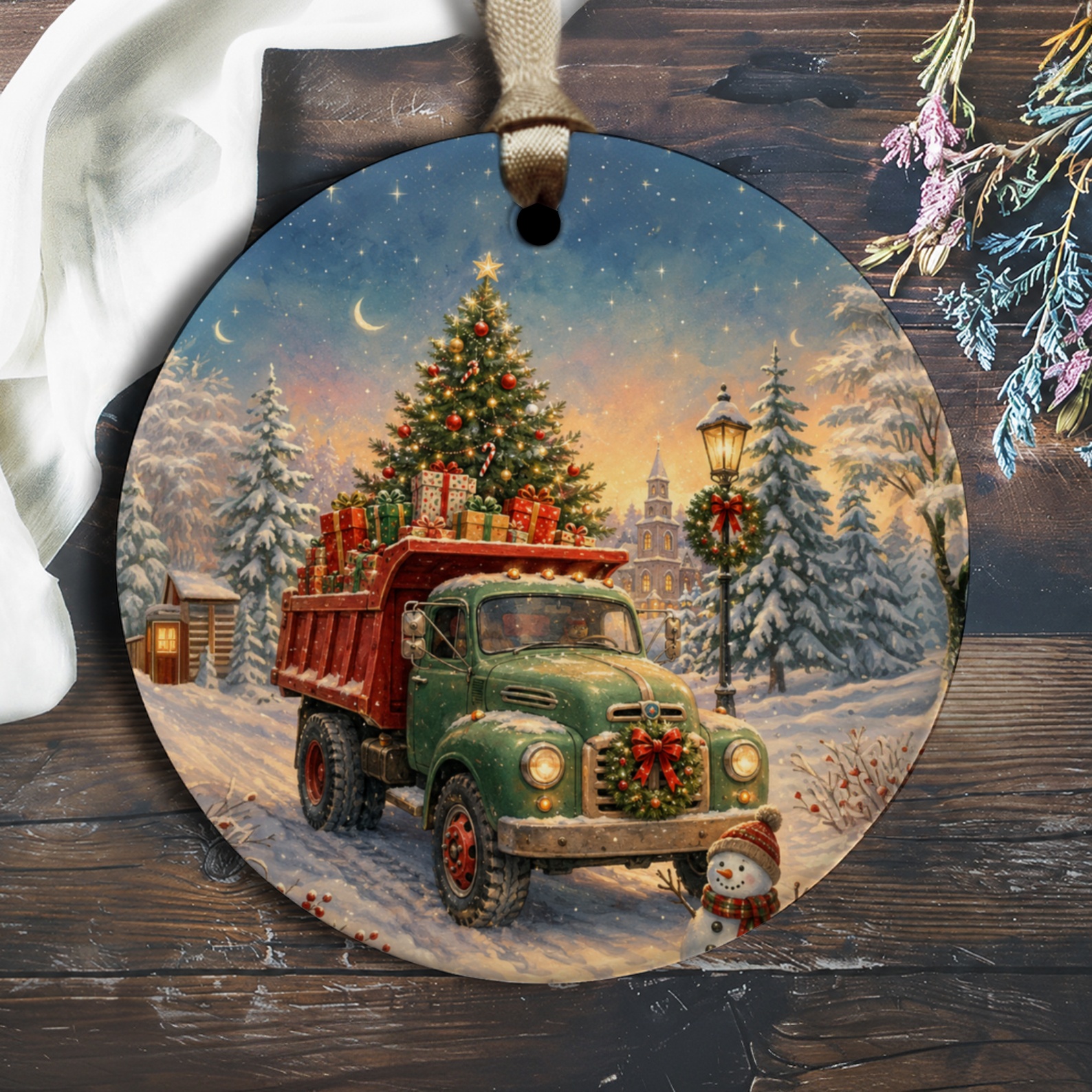 Vintage Truck Christmas Ornament Festive Holiday Decor Tree With Gifts Snowy Scene Winter Wonderland Decoration O1951