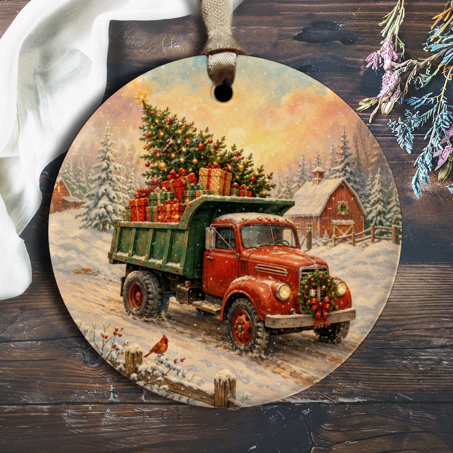 Vintage Truck Christmas Ornament Festive Holiday Decor Rustic Farmhouse Style Tree Decoration Winter Scene Ornament O1952