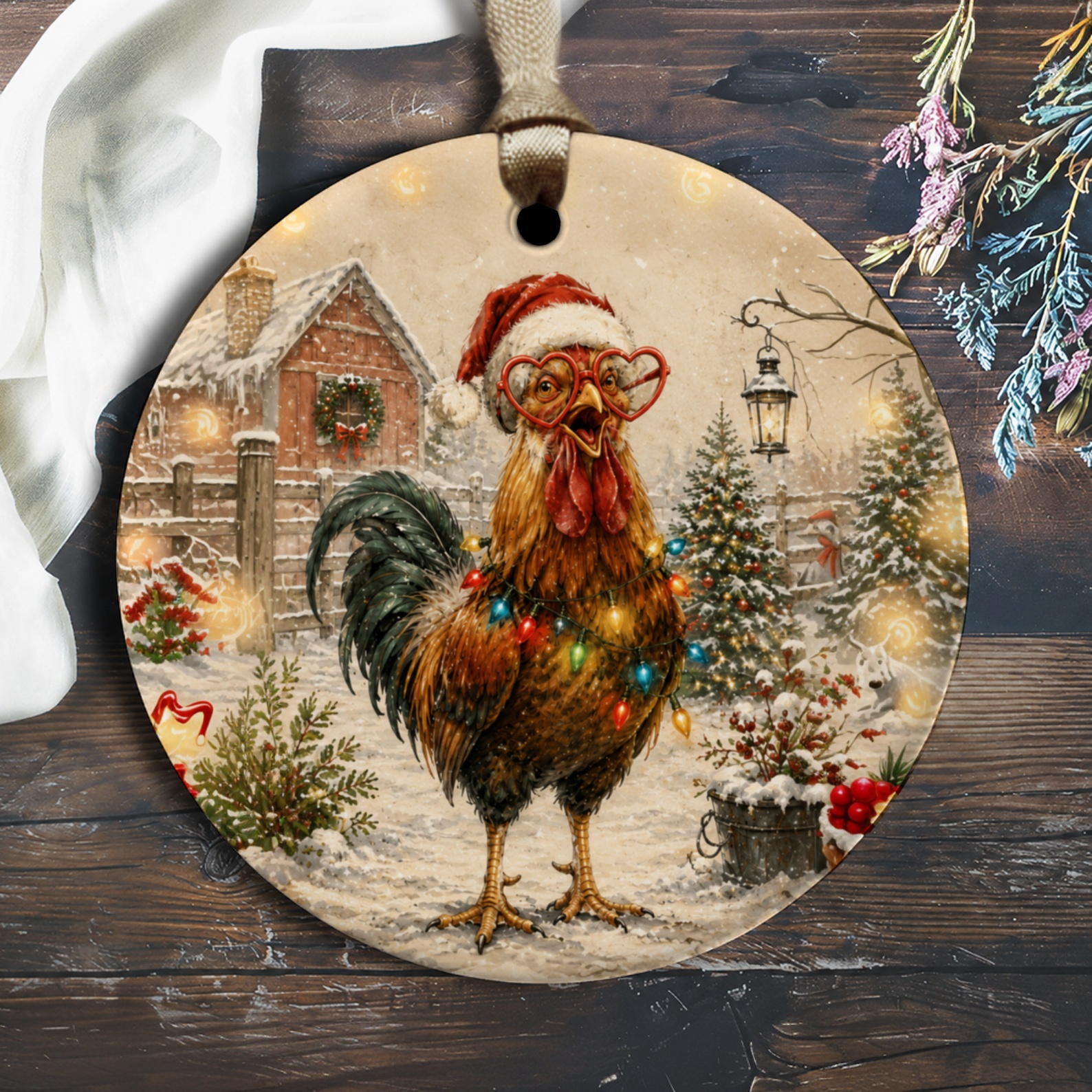 Festive Rooster Christmas Ornament Santa Hat Holiday Decor Farmhouse Style Winter Decoration Animal Lover Gift O1959