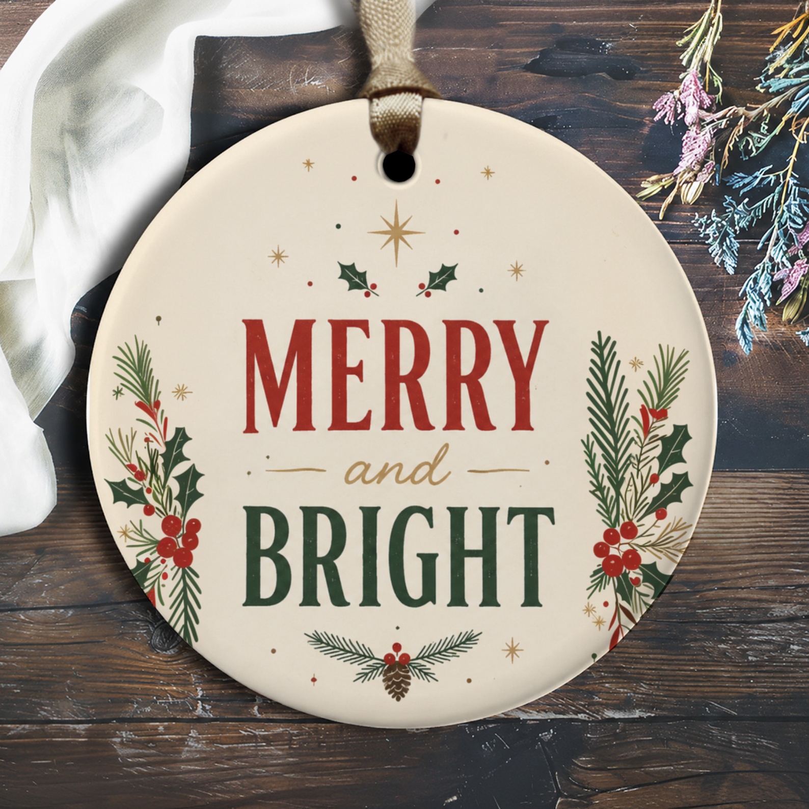 Merry And Bright Christmas Ornament Holiday Decor Festive Home Decoration Pine Holly Seasonal Gift Idea O1964