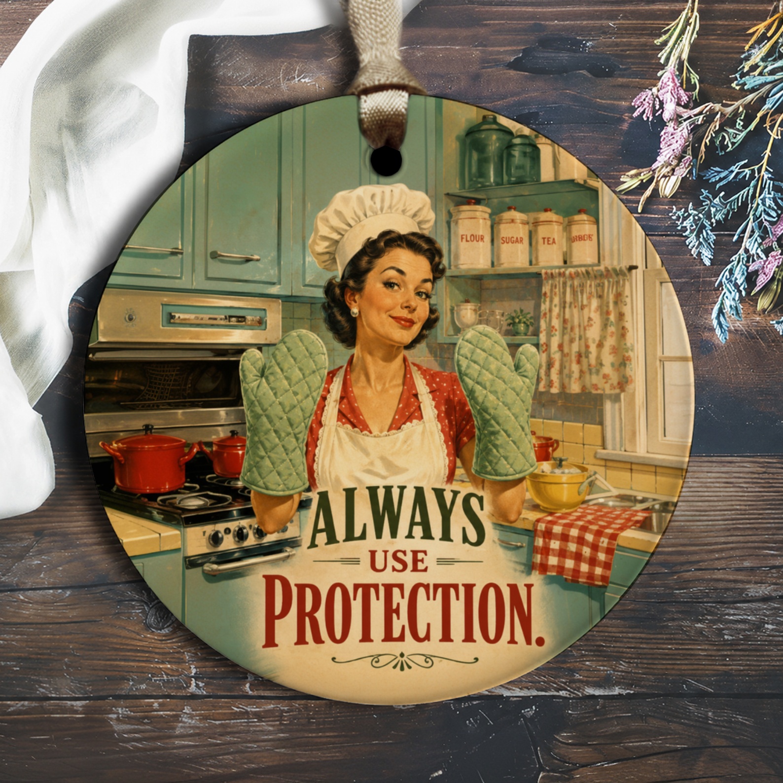 Always Use Protection Funny Kitchen Ornament Retro Decor Vintage Style Cooking Gift For Her Chef Home Decor O1966
