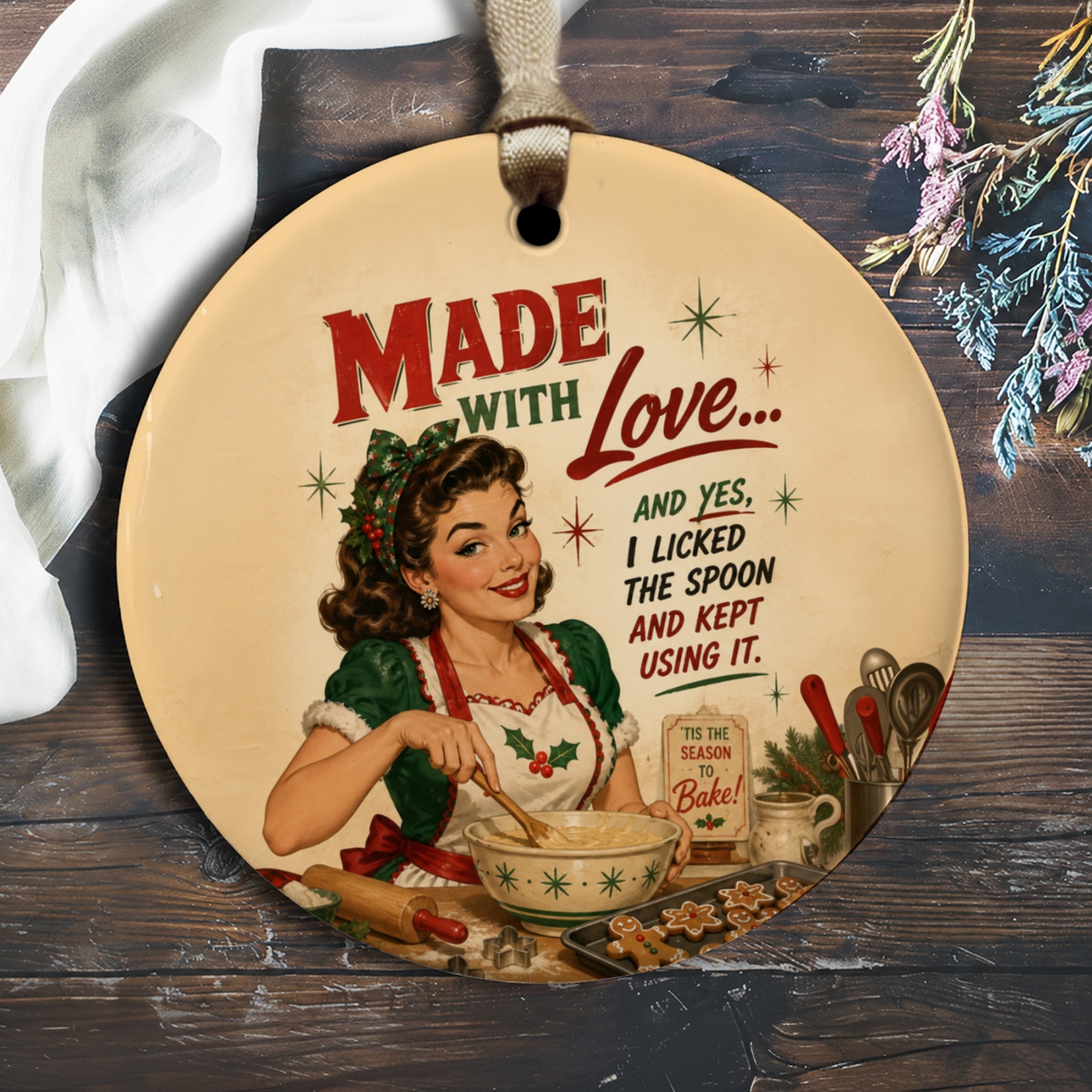 Made With Love... And Yes, I Licked The Spoon And Kept Using It. Retro Christmas Ornament Vintage Baking Decor Holiday Kitchen Gif O1973