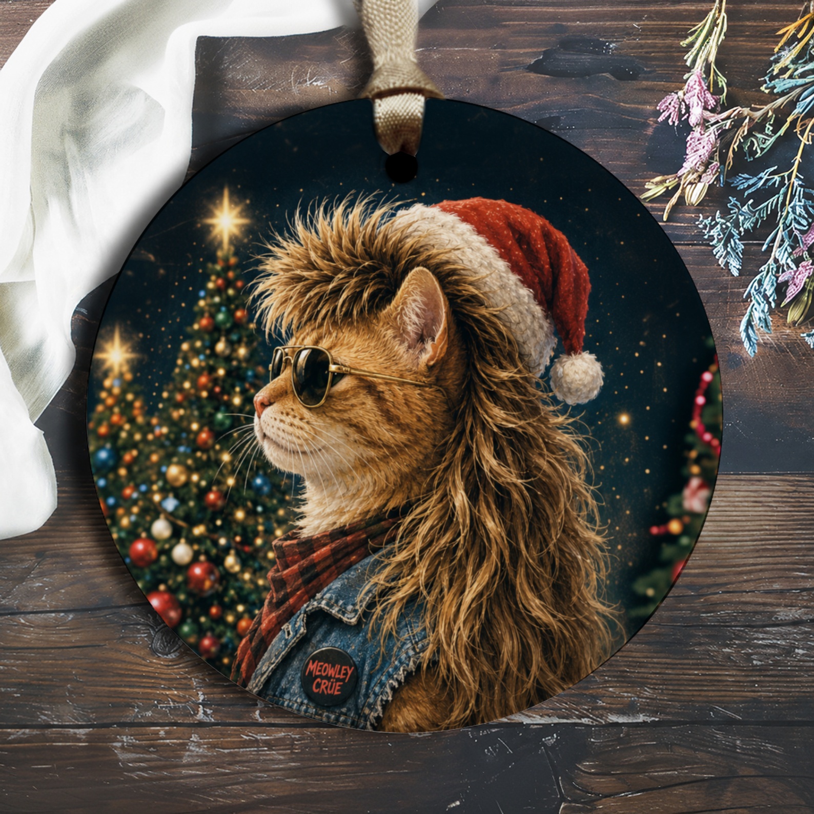 Meowley Crüe Cat Christmas Ornament Funny Holiday Decor Santa Hat Sunglasses Rocker Cat Lover Gift Tree Decoration O1976