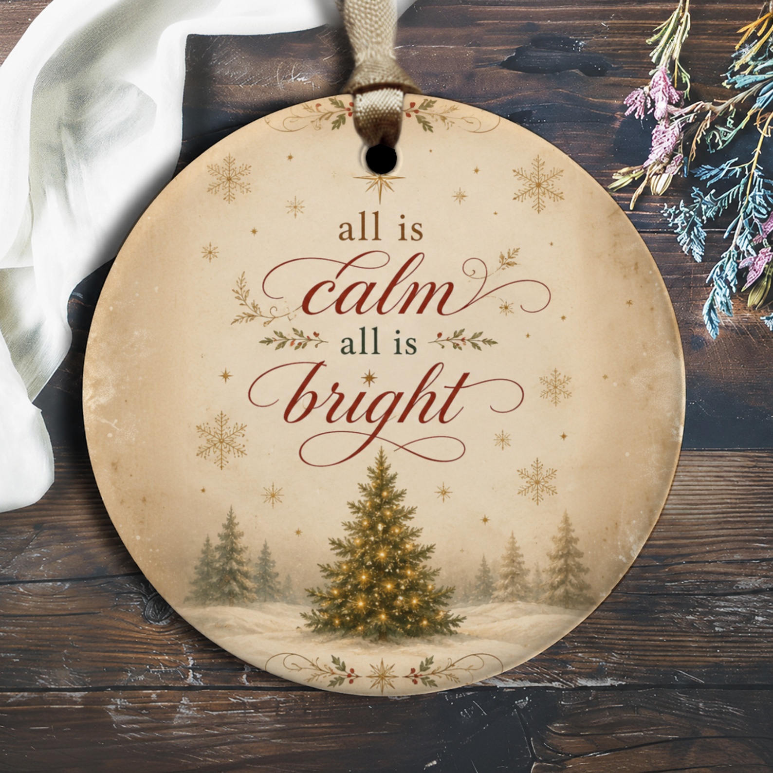 All Is Calm All Is Bright Christmas Ornament Holiday Decor Tree Decoration Festive Winter Scene Snowflakes O1983