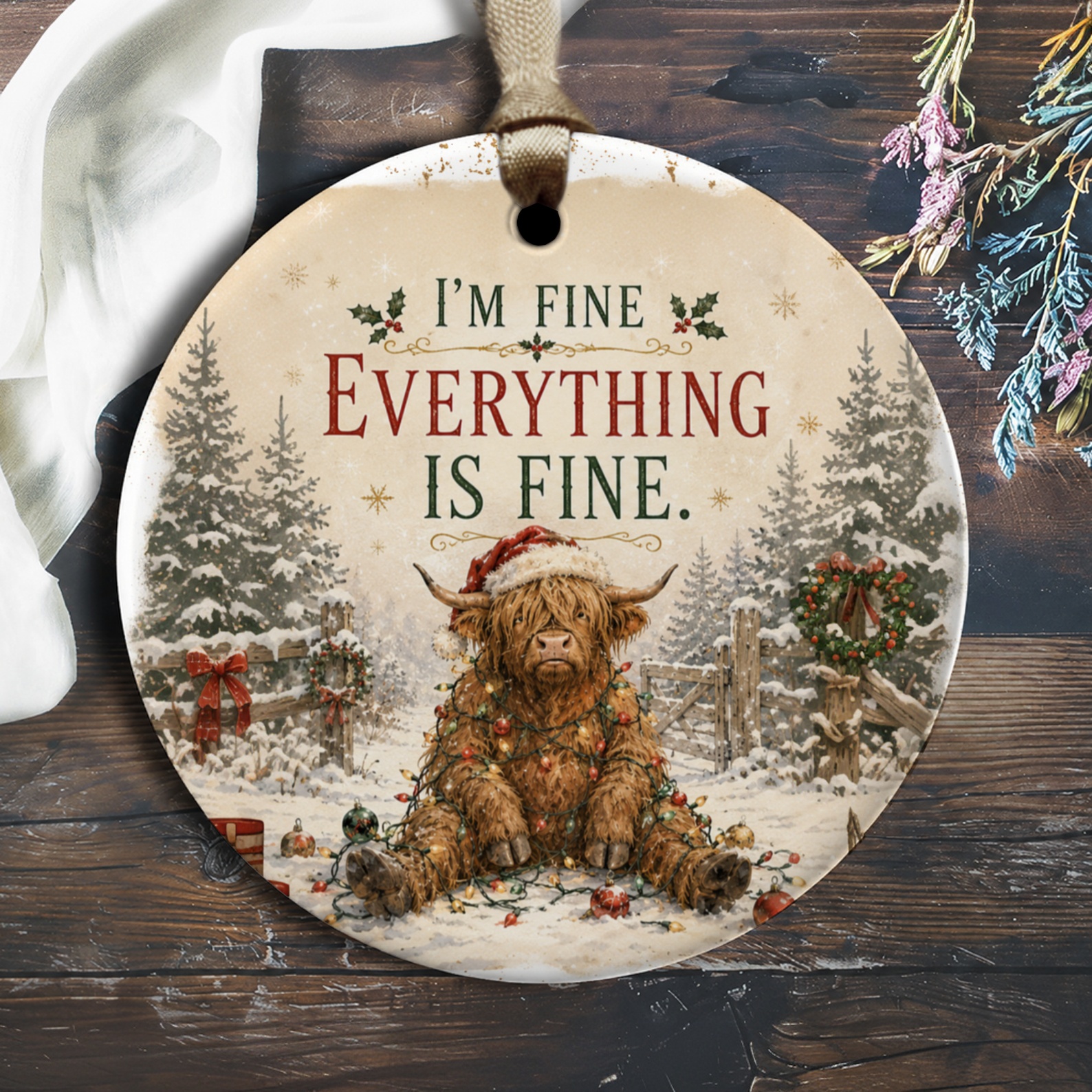 I'm Fine Everything Is Fine Christmas Ornament Funny Highland Cow Holiday Decor Cute Animal Winter Decoration Gift O1995