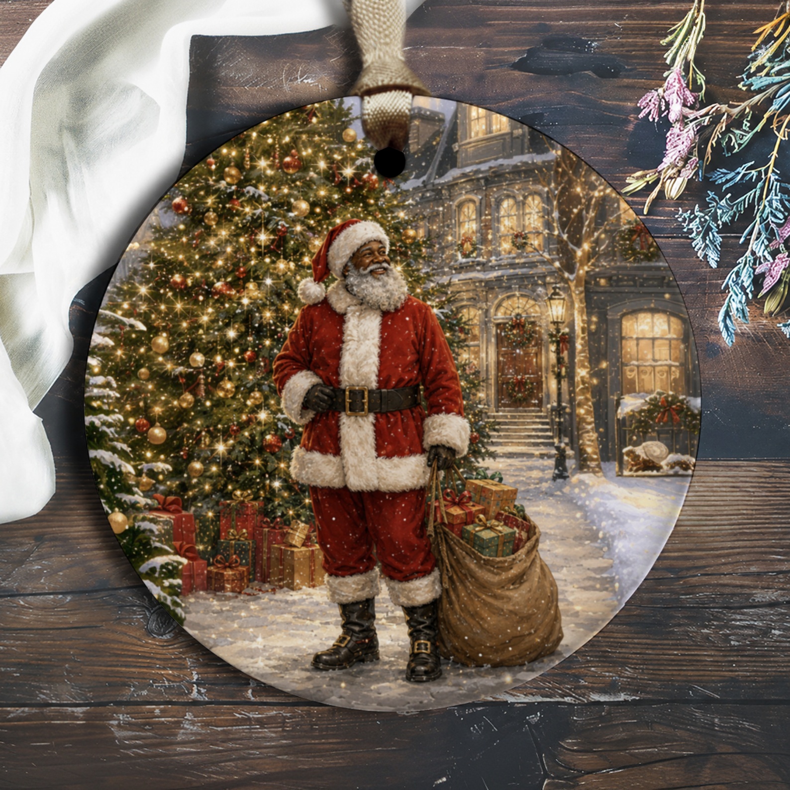 Santa Christmas Ornament Festive Holiday Decor Santa Claus With Gifts And Tree Winter Wonderland Decoration O1999