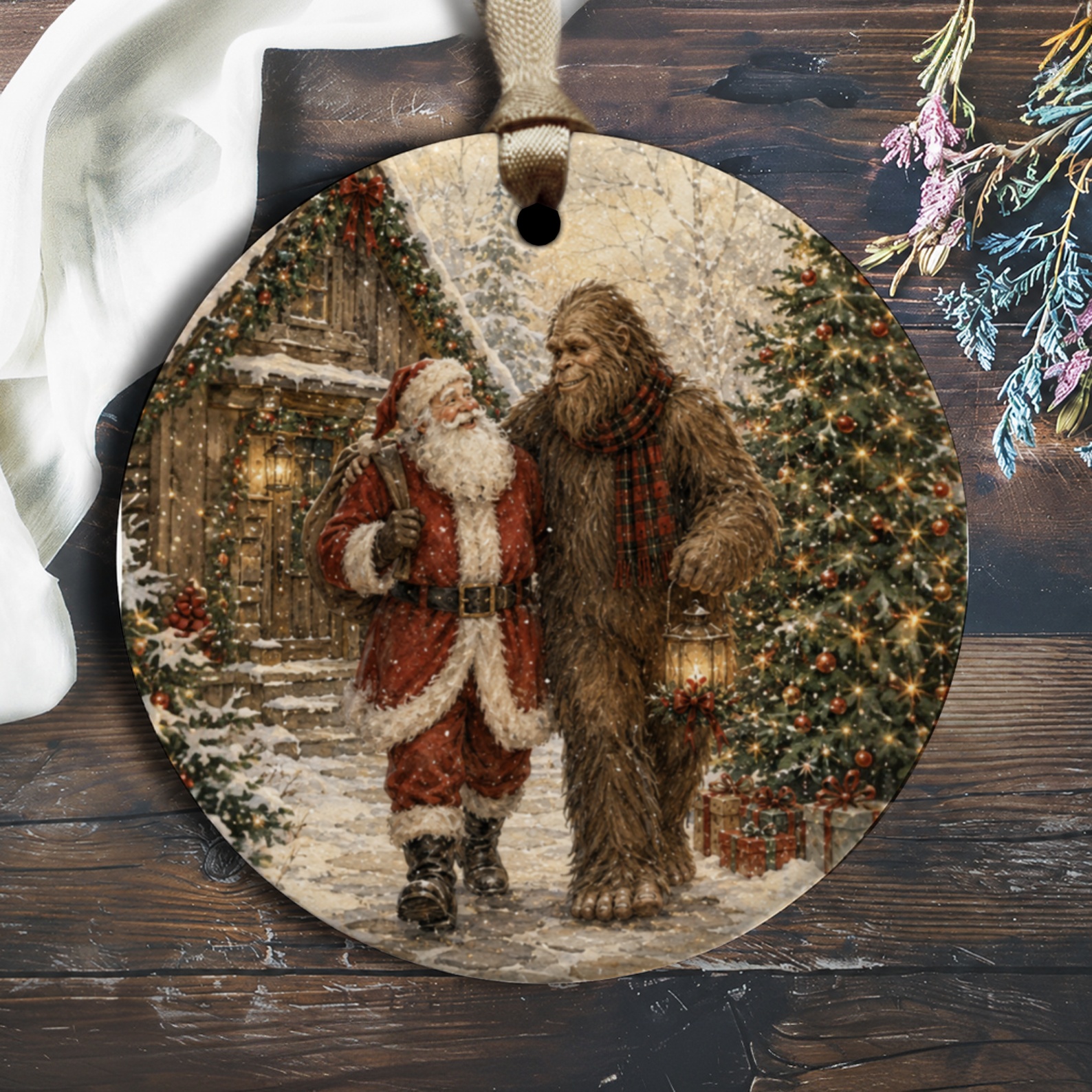 Santa And Bigfoot Christmas Ornament Holiday Decor Festive Tree Decoration Winter Wonderland Scene Gift For Him Her O2001