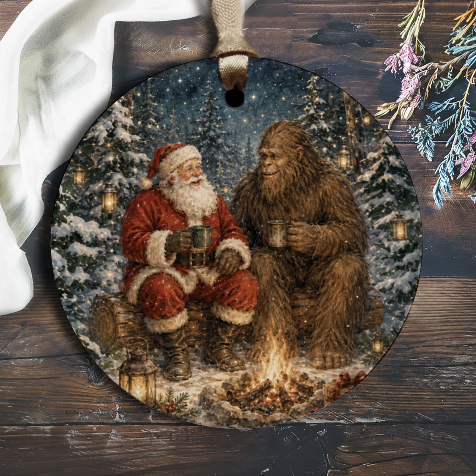 Santa And Bigfoot Christmas Ornament Holiday Decor Winter Scene Festive Tree Decoration Unique Gift For Christmas Lovers O2002