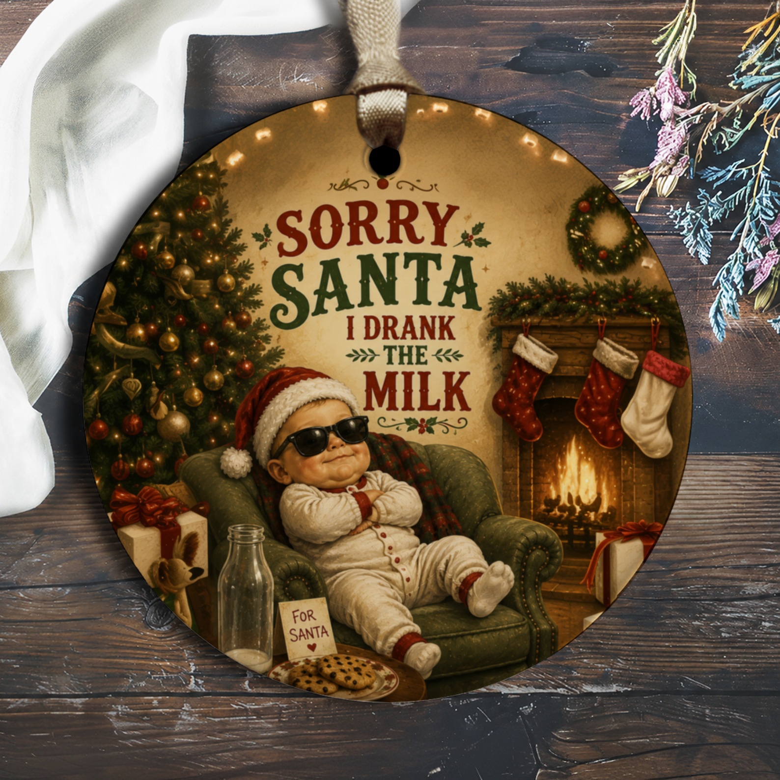 Sorry Santa I Drank The Milk Funny Christmas Ornament Baby In Santa Hat Holiday Decor Cute Festive Tree Decoration O1941