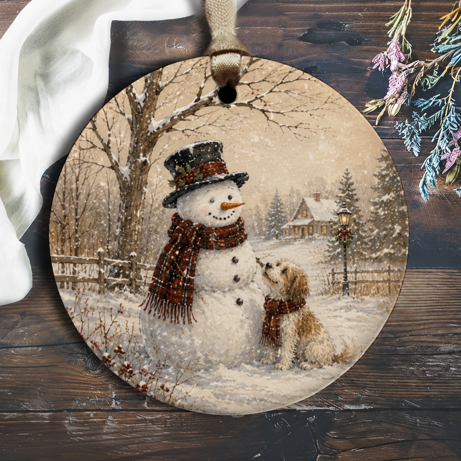 Snowman And Dog Ornament Winter Scene Christmas Decoration Holiday Home Decor Cute Snowy Landscape Gift O1945