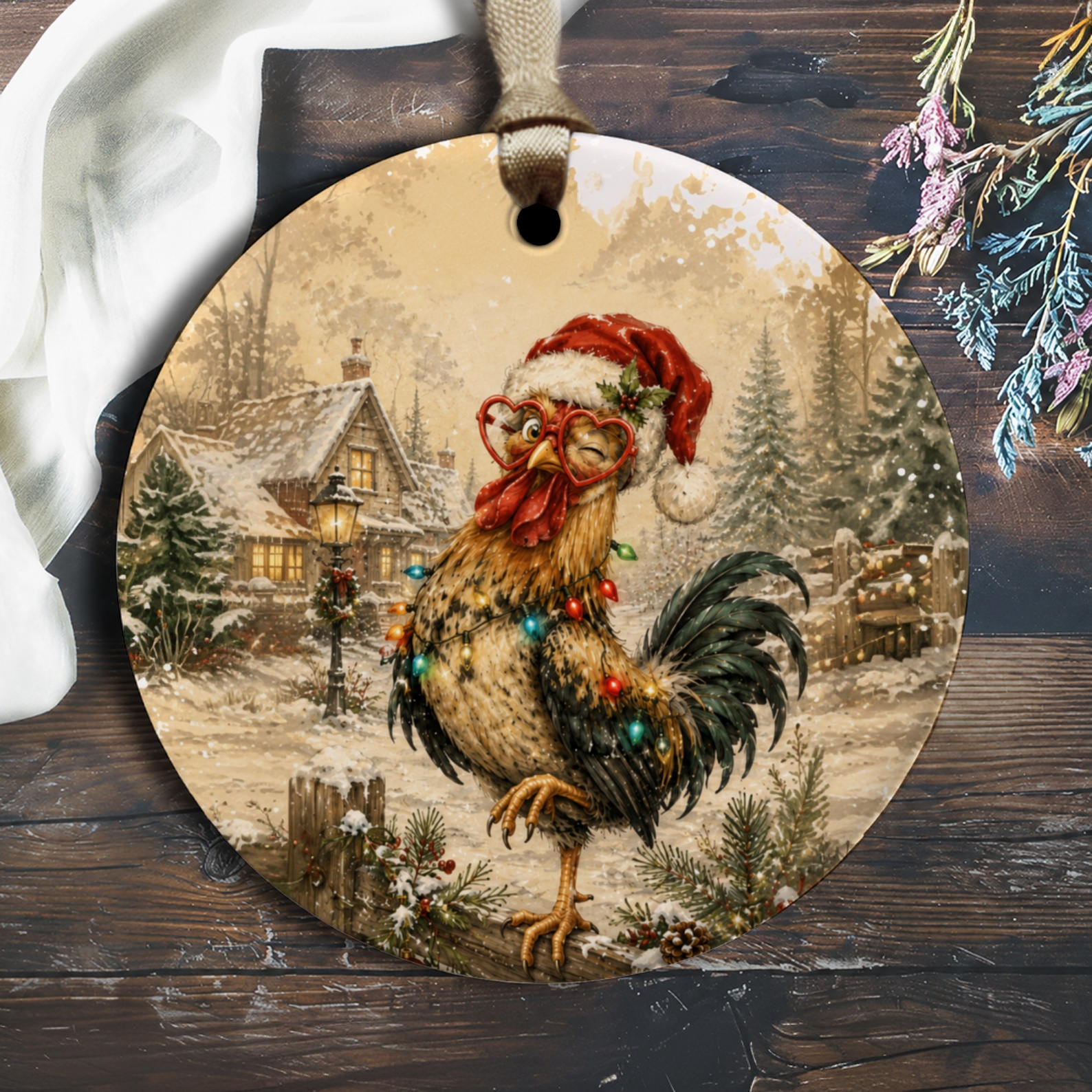 Festive Rooster Christmas Ornament Rustic Holiday Decor Santa Hat Lights Farmhouse Winter Scene Animal Lover Gift O1958