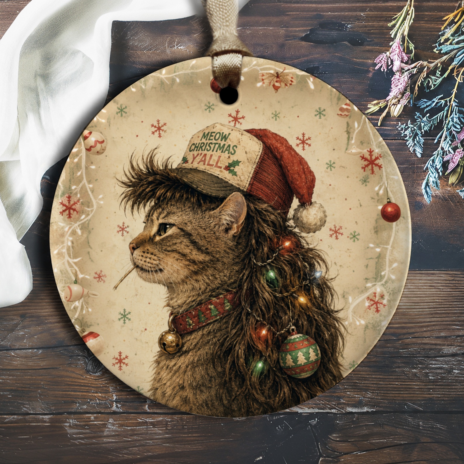 Meow Christmas Y'all Cat Ornament Funny Christmas Decor Cute Holiday Decoration For Cat Lovers Festive Tree Ornament O1975