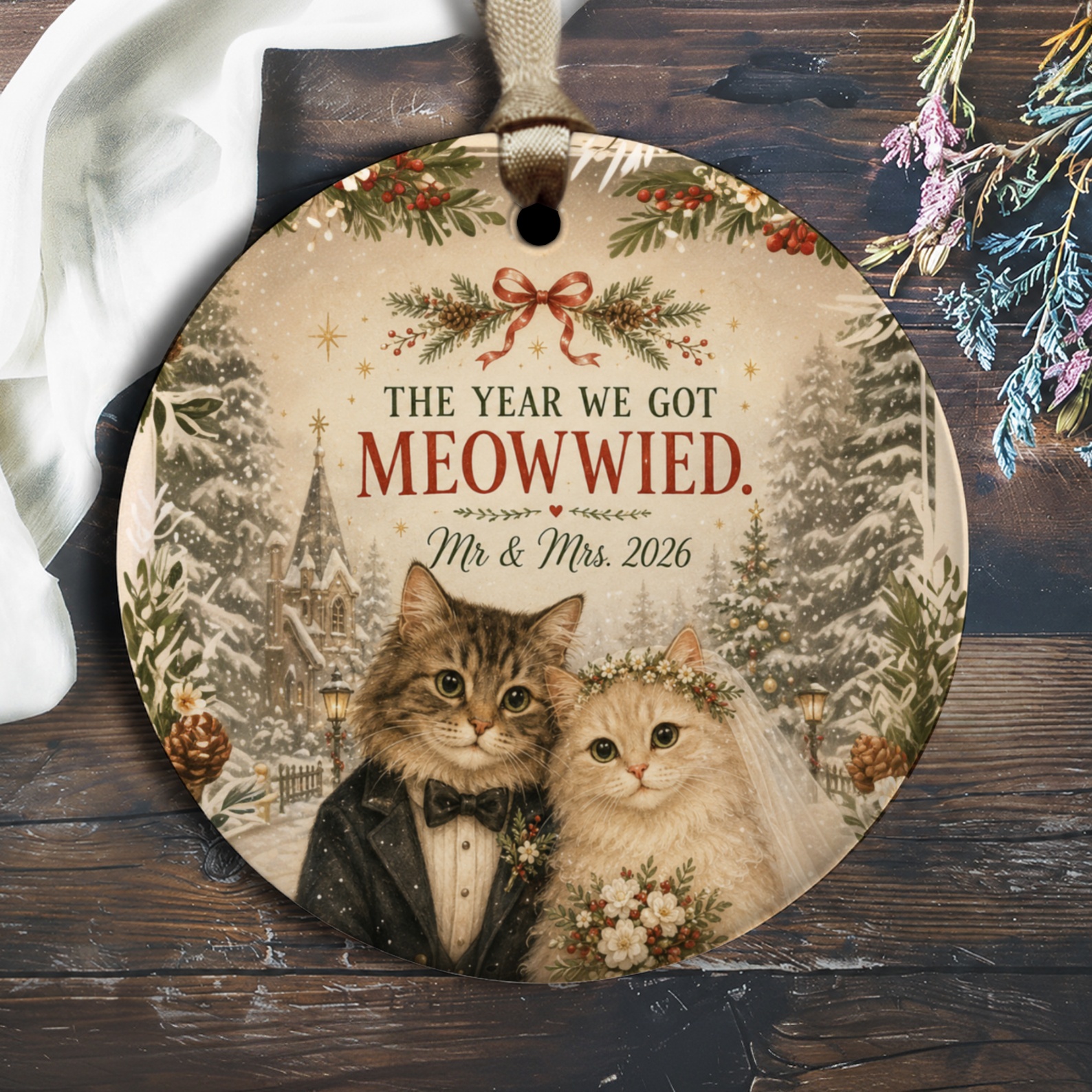 The Year We Got Meowwied Wedding Ornament Cats Mr & Mrs 2026 Cute Newlywed Gift Christmas Decor Keepsake O1978