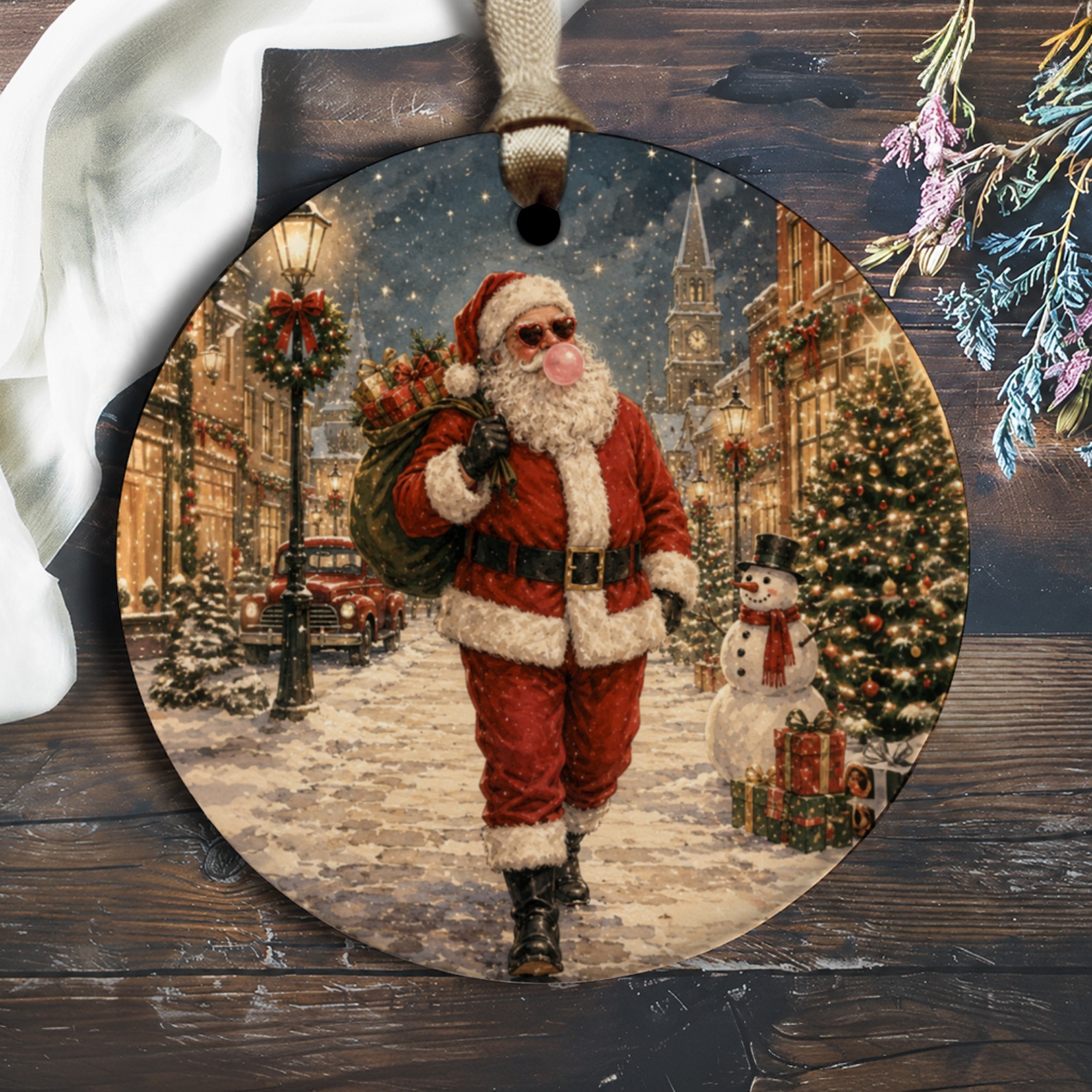 Santa With Bubblegum Christmas Ornament Festive Holiday Decor Cute Santa Claus Winter Wonderland Scene Xmas Tree Decoration O1985