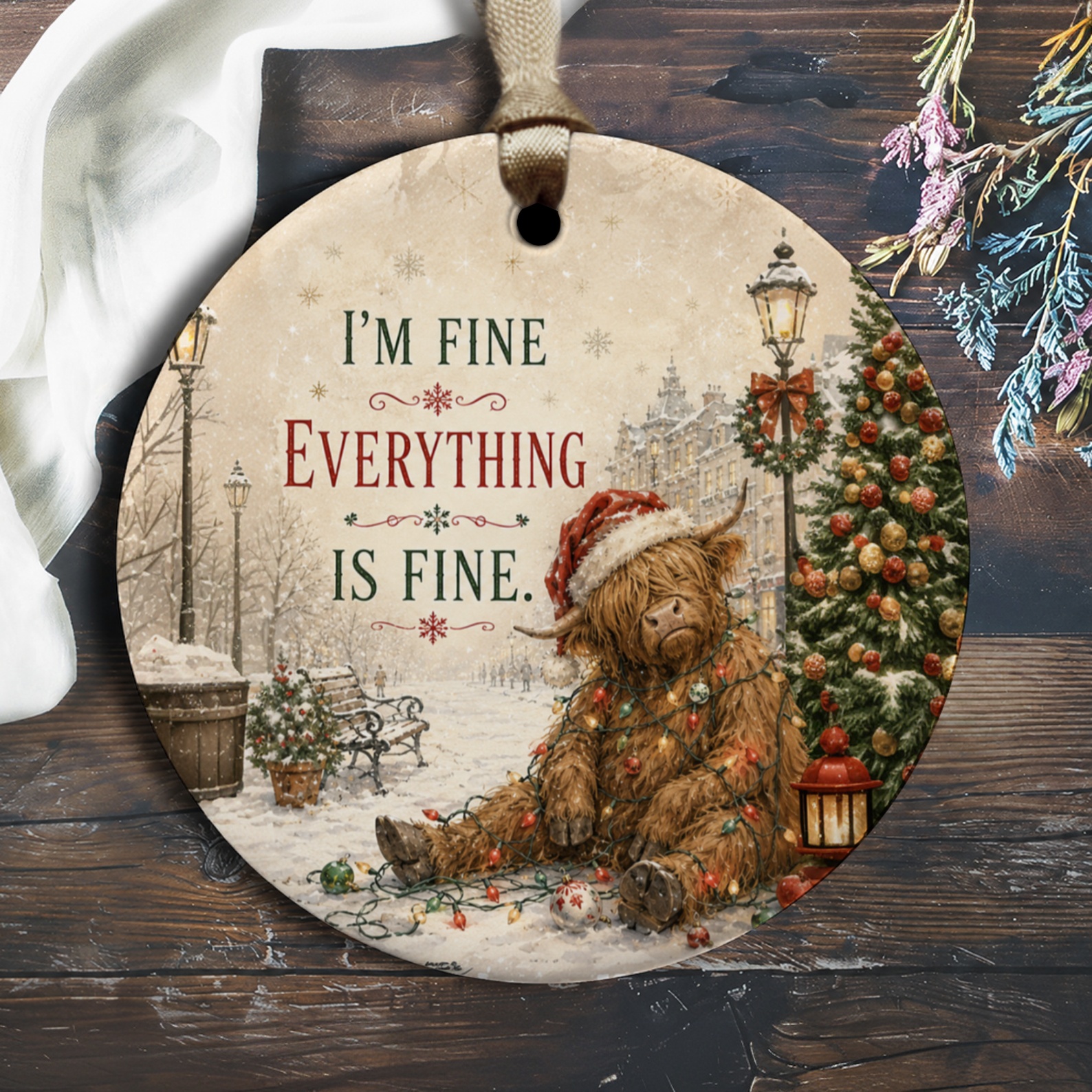 I'm Fine Everything Is Fine Christmas Ornament Funny Highland Cow Holiday Decor Cute Animal Winter Scene Xmas Tree O1996