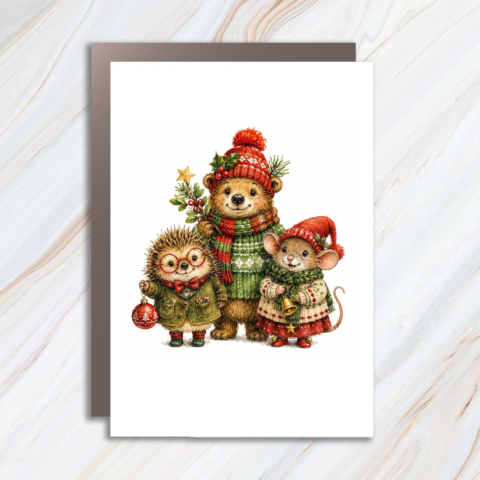 Cute Animal Trio Christmas Greeting Card Bear Hedgehog Mouse Winter Holiday Card For Kids Family Adorable Festive C1465