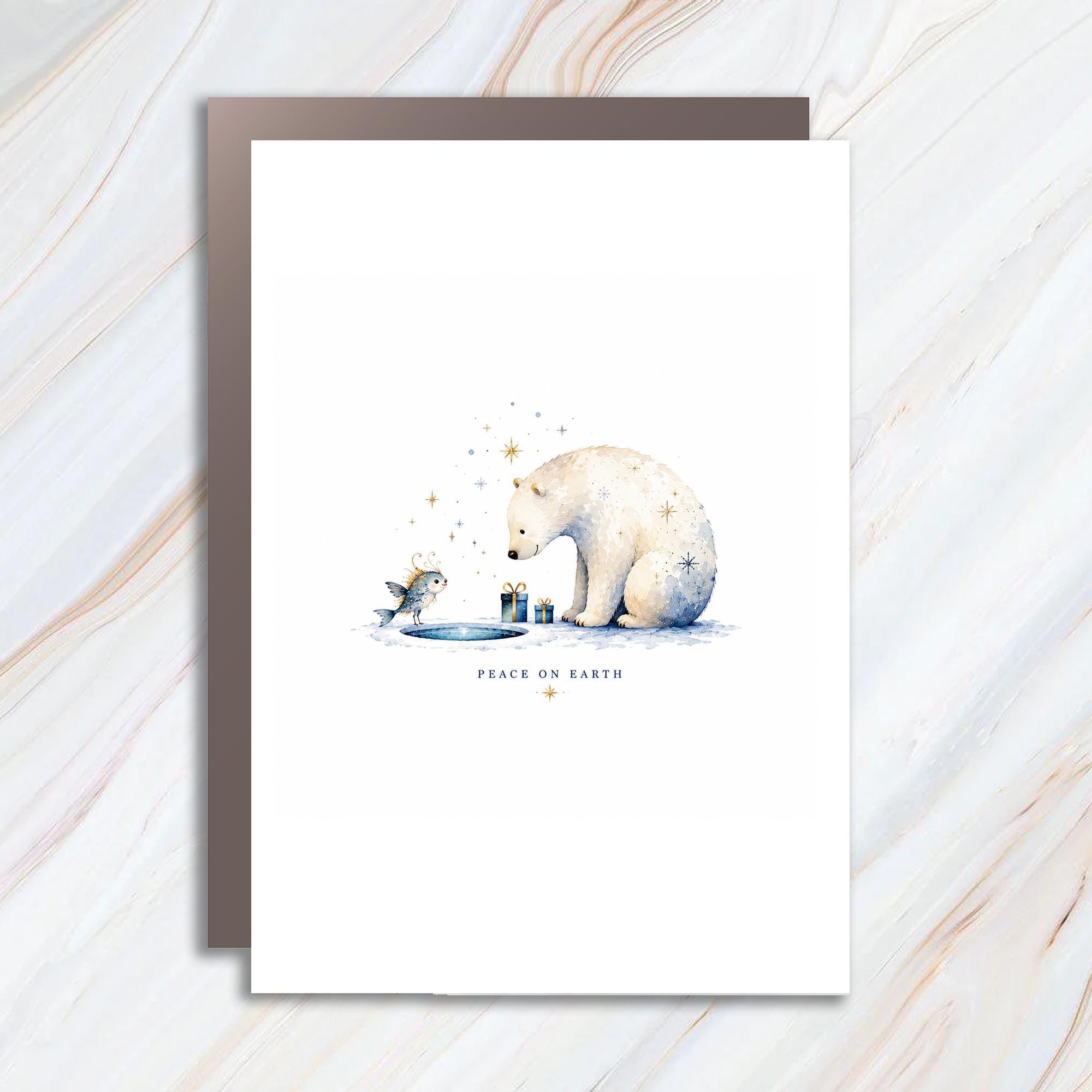 Peace On Earth Christmas Card Polar Bear And Fish Winter Scene Holiday Greeting Card Cute Animal Illustration C1474