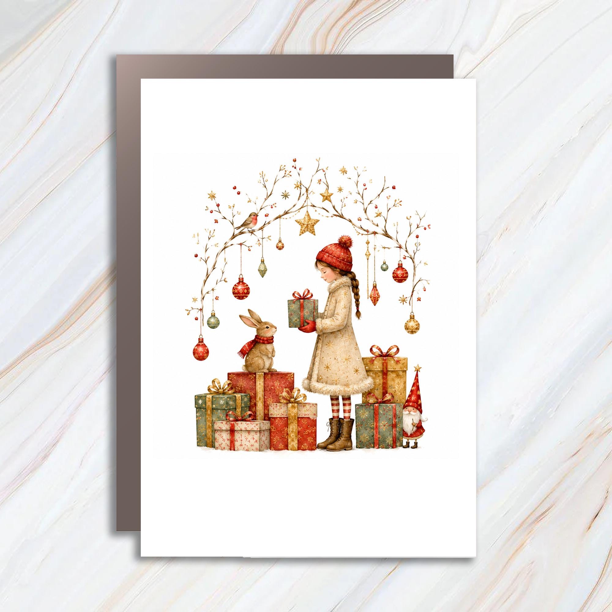 Christmas Card Girl With Gifts Festive Scene Cute Holiday Greeting Card For Kids Winter Wonderland Art Animal Lover C1475
