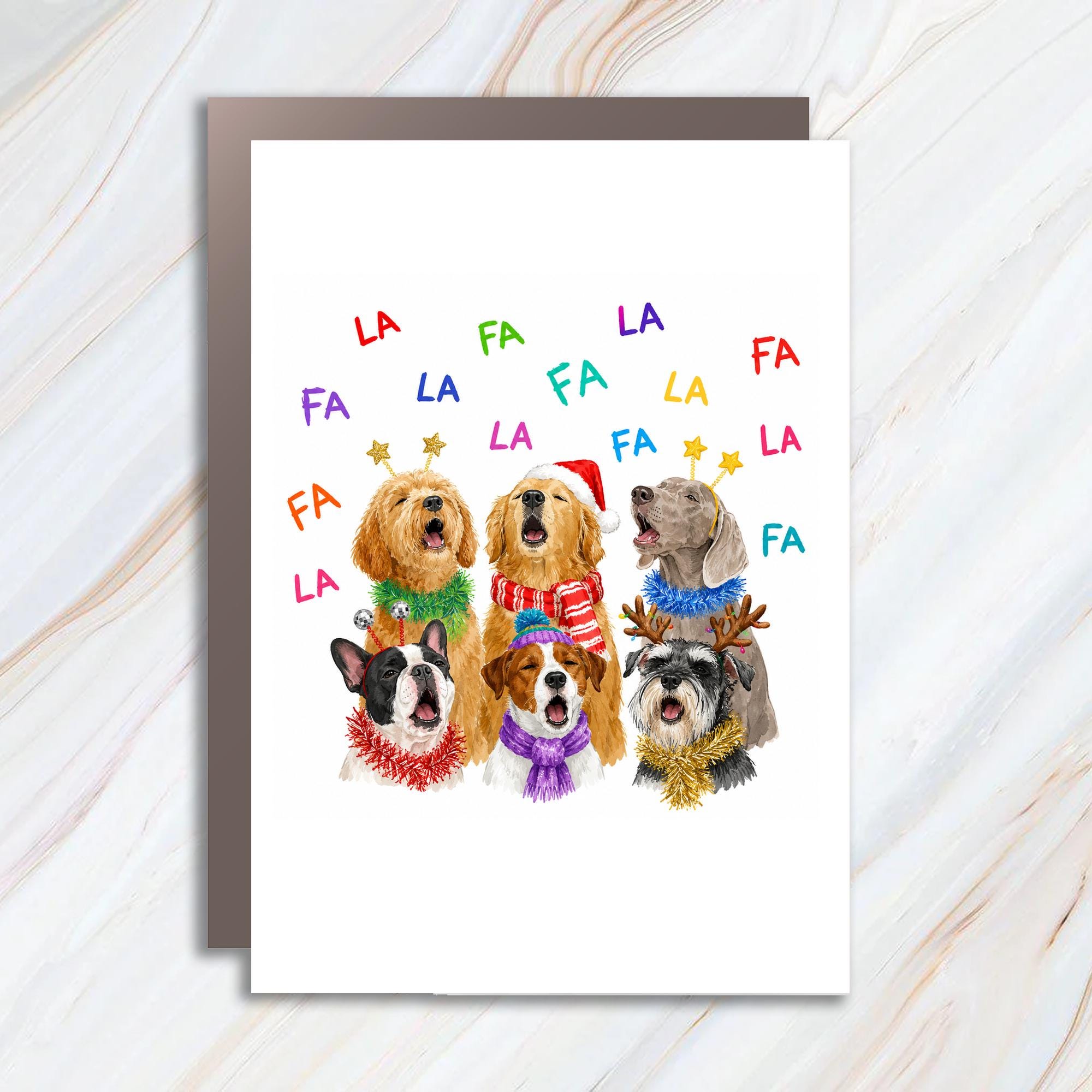 Fa La La Christmas Card Singing Dogs In Holiday Attire Cute Festive Greeting Card For Dog Lovers Funny Holiday Card C1476