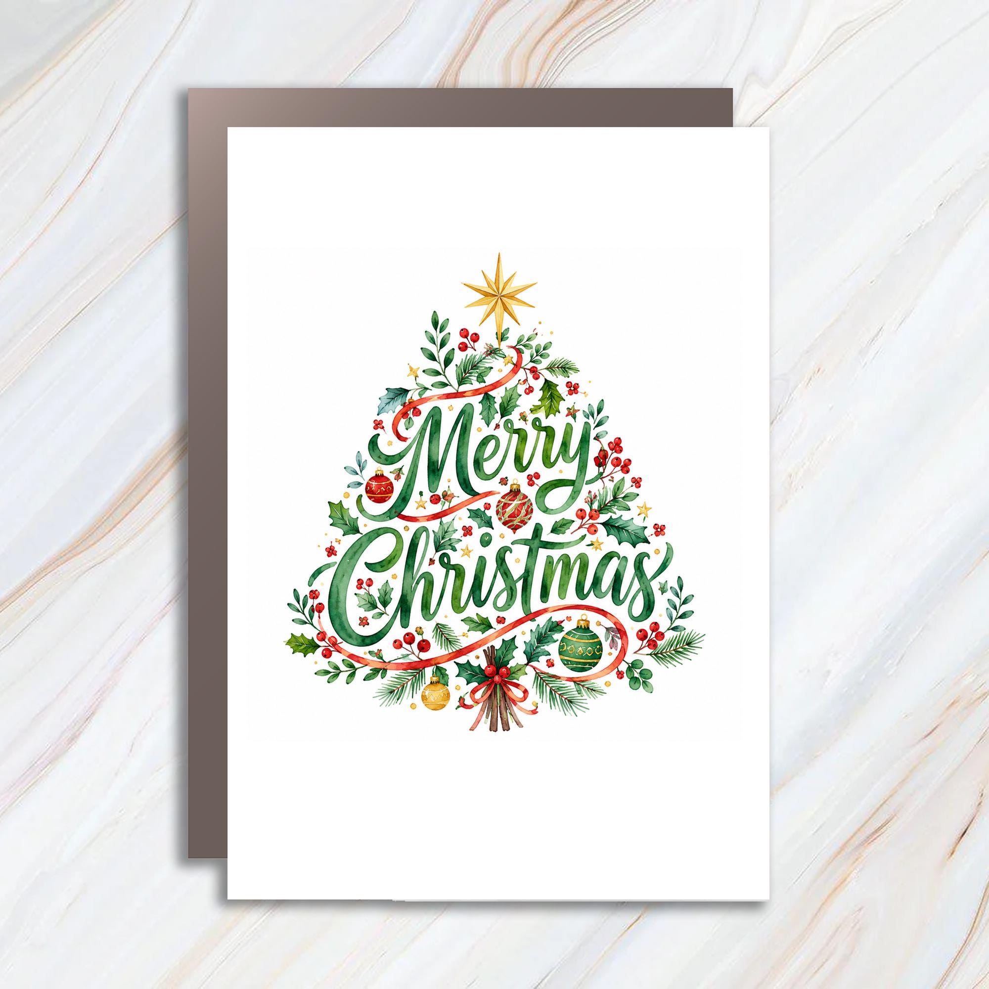 Merry Christmas Holiday Card Festive Greeting Card Watercolor Christmas Tree Ornaments Holly For Family Friends C1477