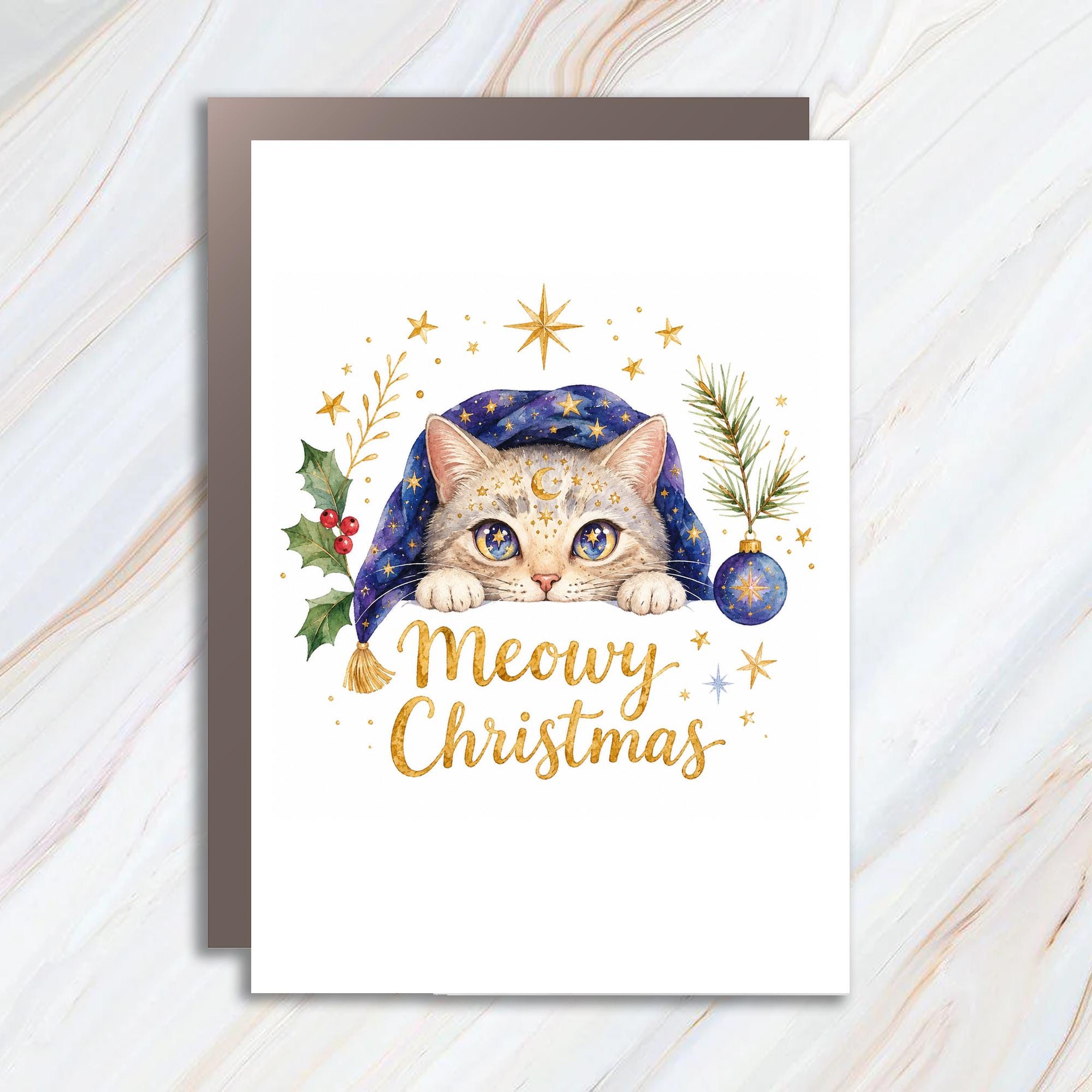 Meowy Christmas Cute Cat Christmas Card Festive Holiday Greeting Card For Cat Lover Adorable Feline Xmas Card C1479