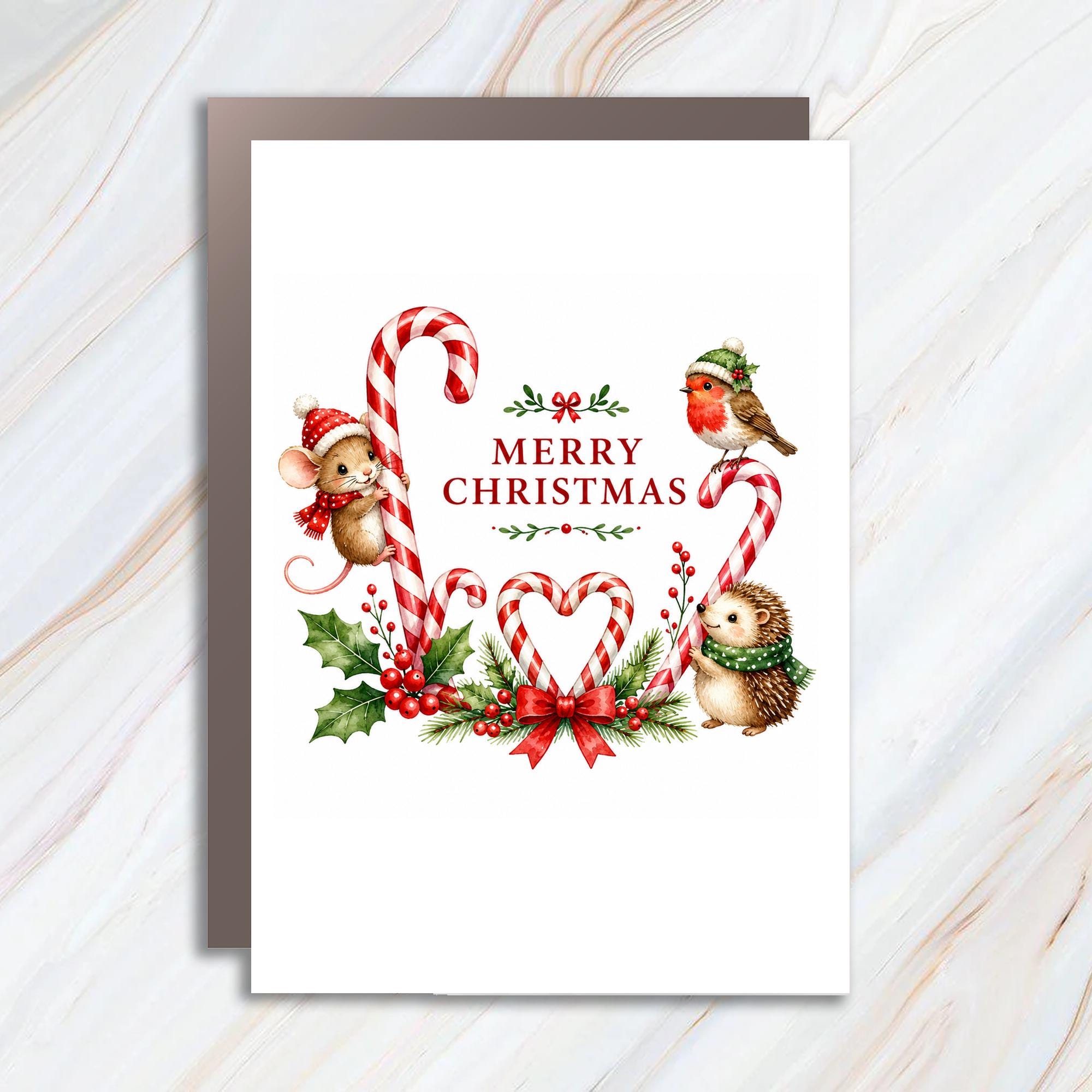 Merry Christmas Cute Animals Christmas Card Mouse Hedgehog Robin Candy Cane Holiday Greeting Card For Kids Family C1480