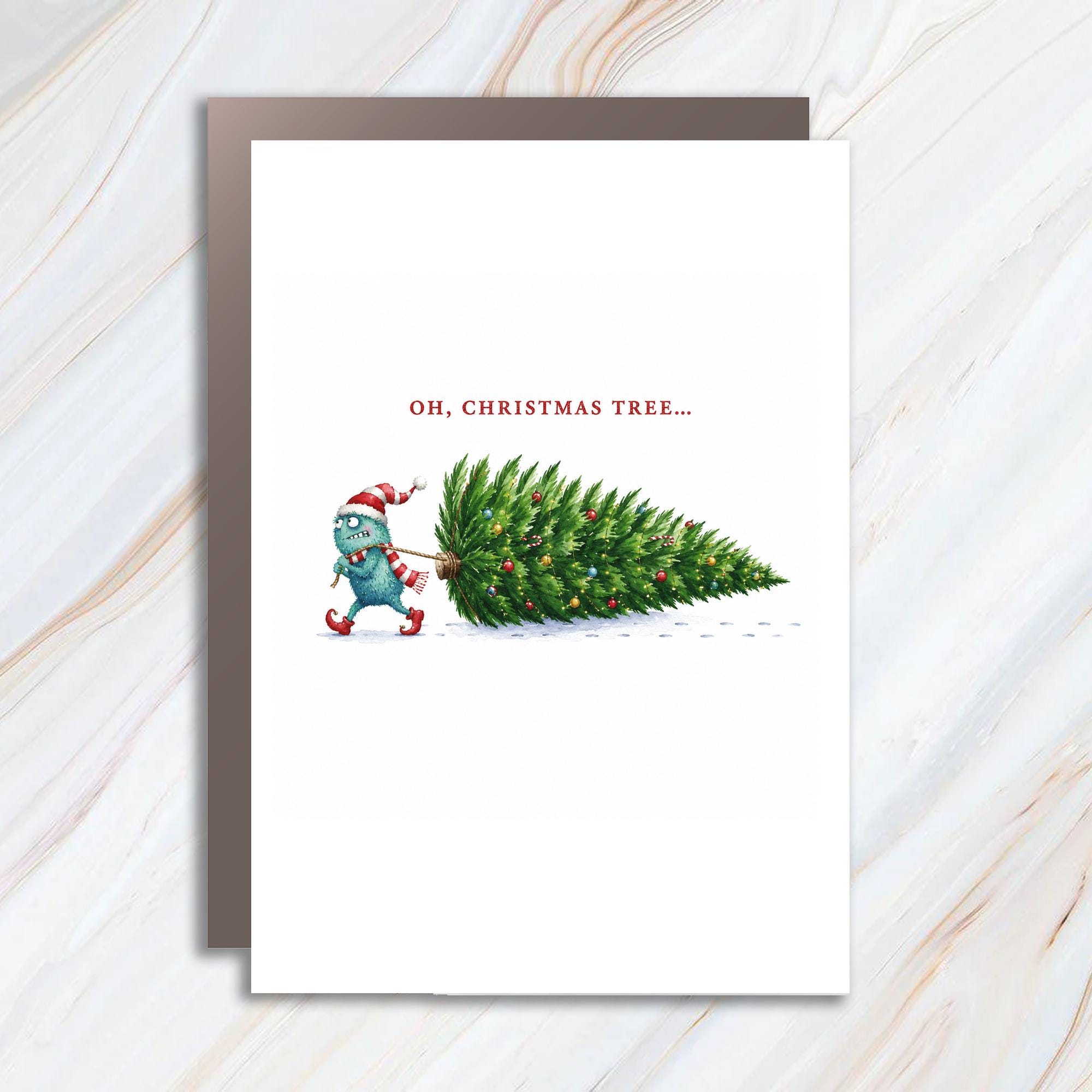 Oh, Christmas Tree... Funny Christmas Card Cute Monster Pulling Tree Holiday Greeting Card For Kids Family Festive C1481