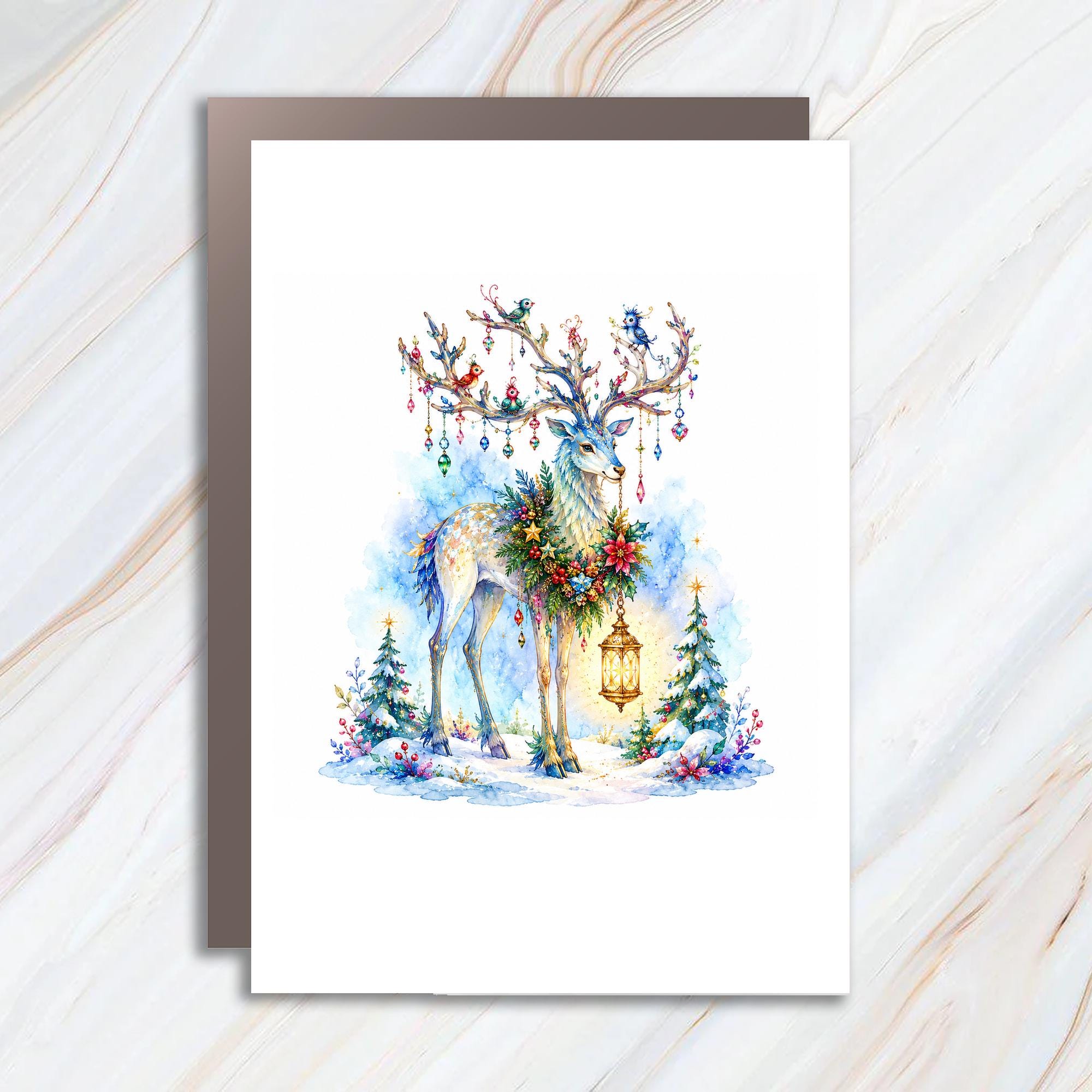 Festive Reindeer Christmas Greeting Card Watercolor Holiday Card For Animal Lover Winter Wonderland Art C1483