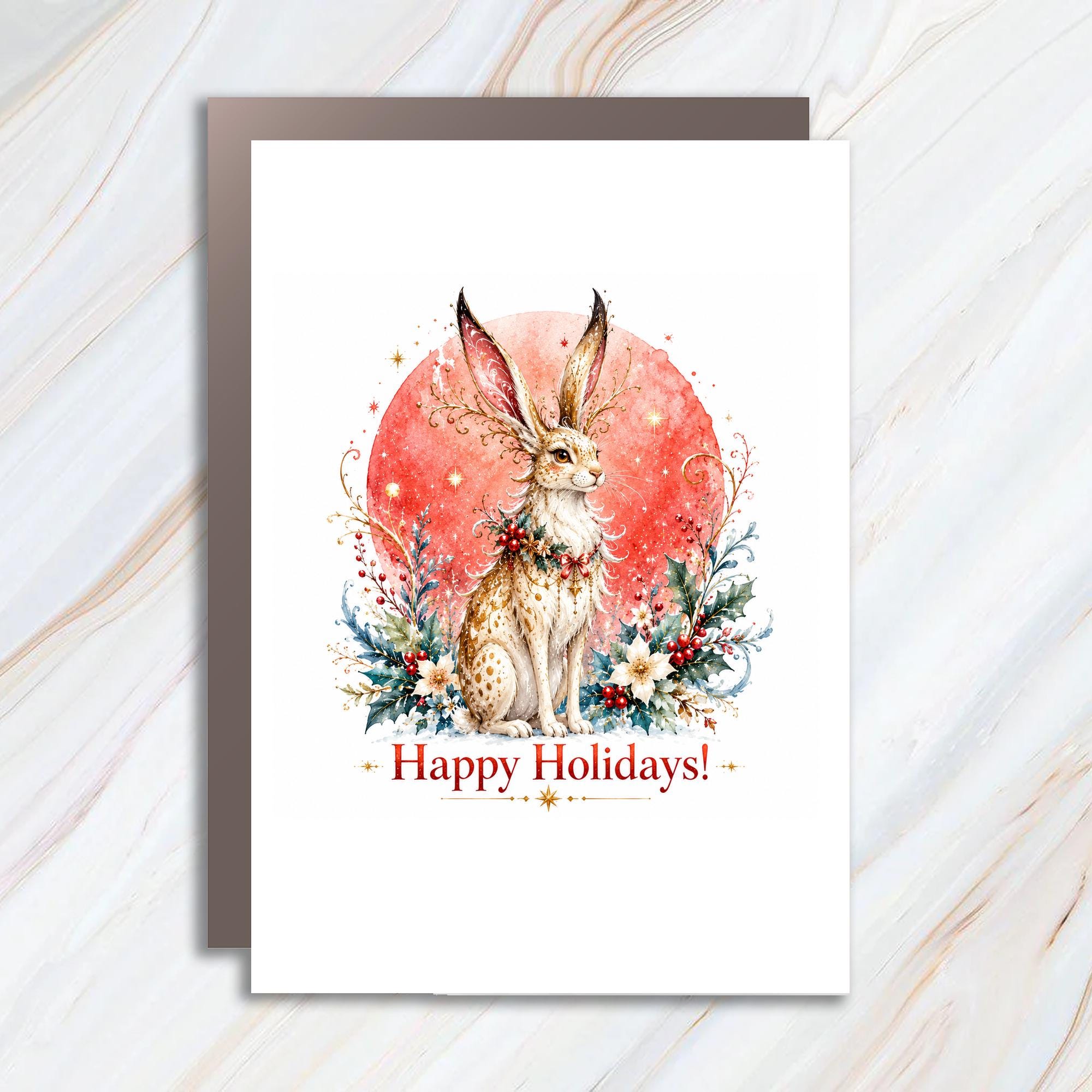 Happy Holidays! Christmas Card Festive Rabbit With Holly Winter Greeting Card For Animal Lover Cute Holiday Card C1468