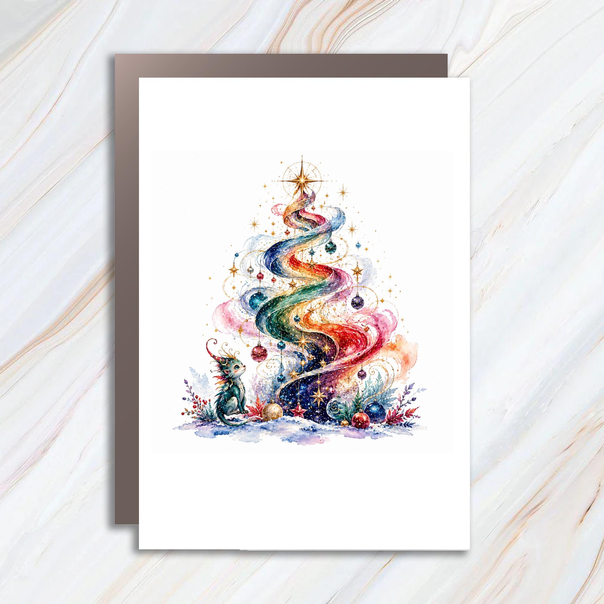 Whimsical Dragon Christmas Card Colorful Tree Fantasy Art Greeting Card For Holiday Cheer Magical Festive C1470