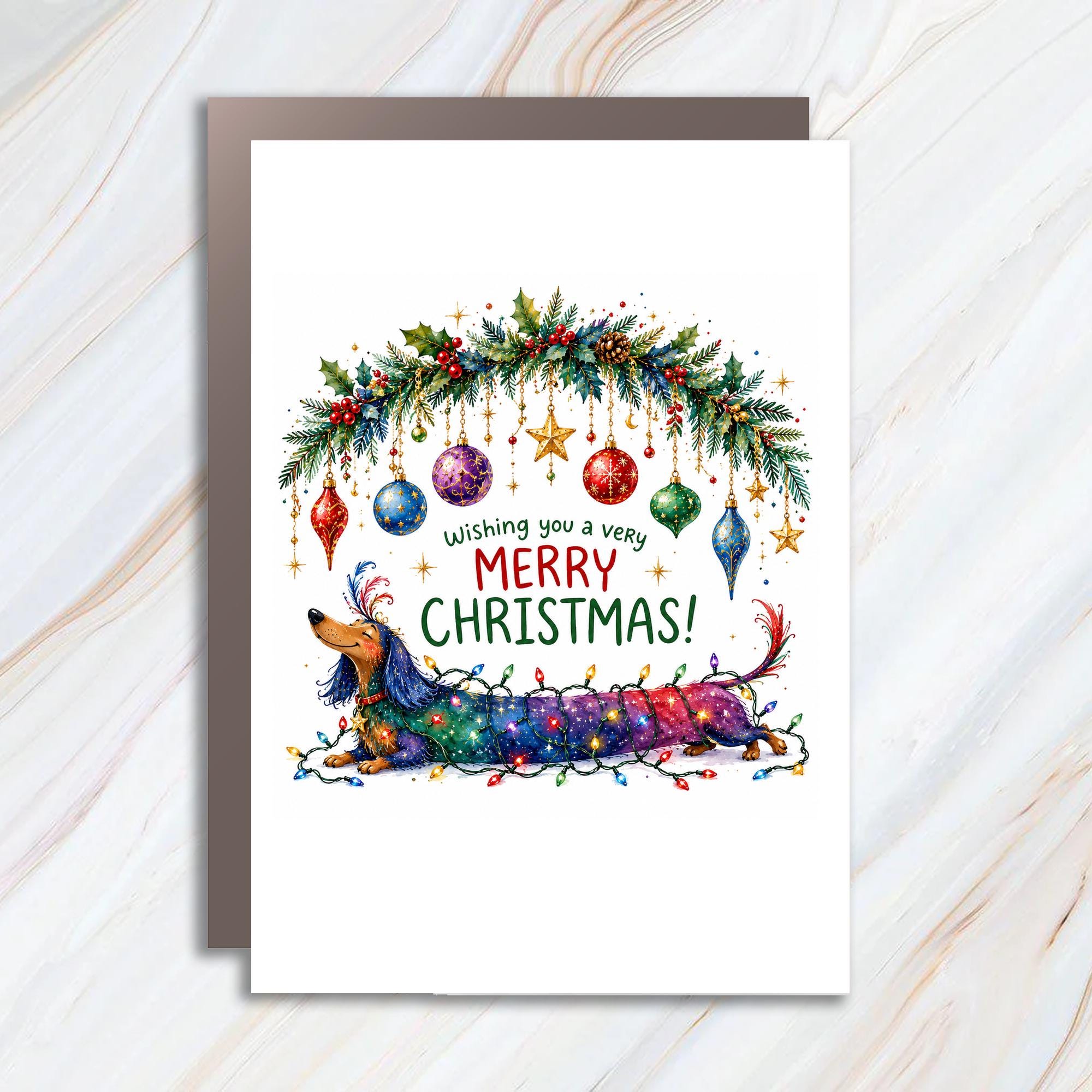 Wishing You A Very Merry Christmas Card Festive Dachshund With Lights Holiday Greeting Card For Dog Lover Cute Xmas Card C1472