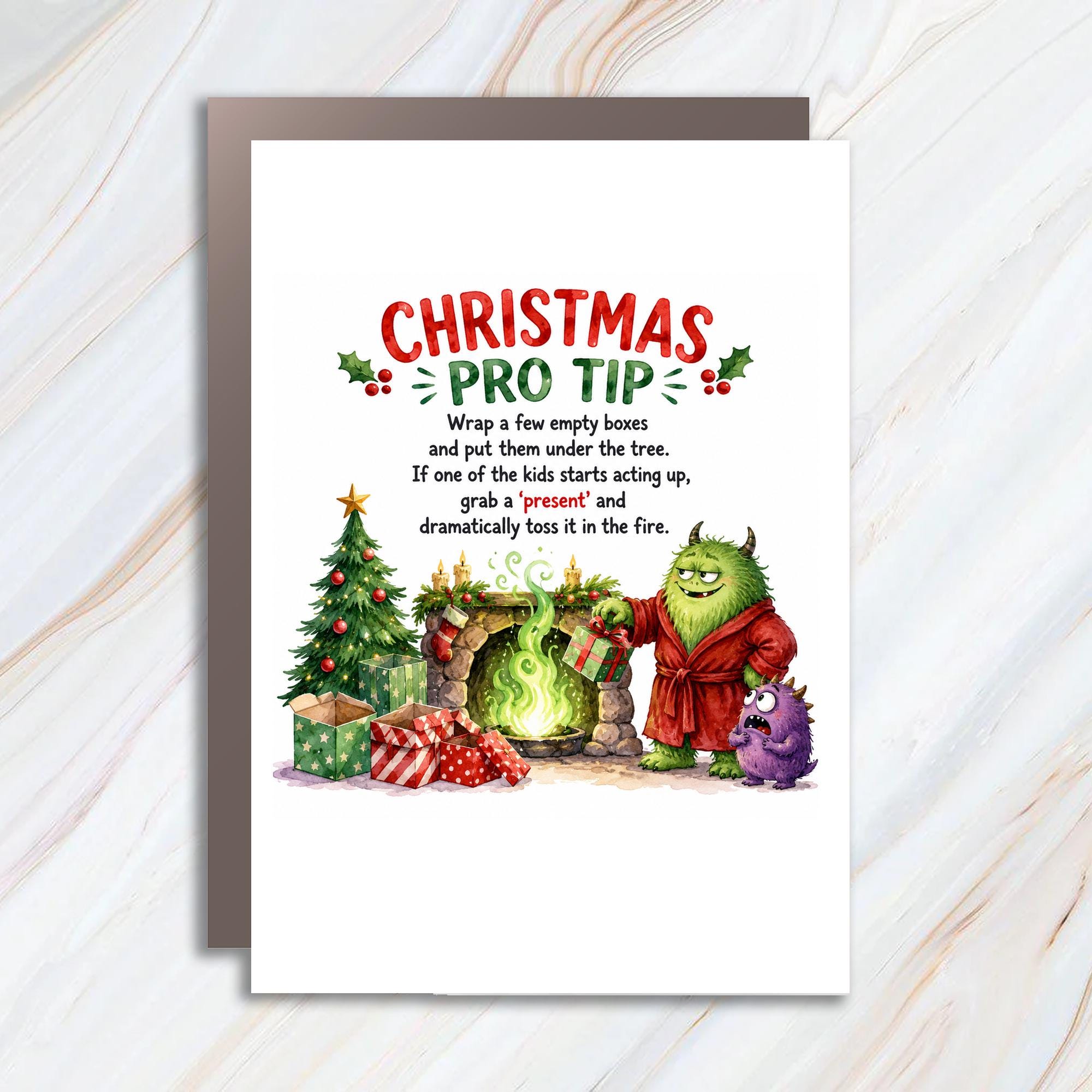 Christmas Pro Tip Funny Christmas Card Holiday Greeting Card For Parents Cute Monster Illustration Xmas Card C1486