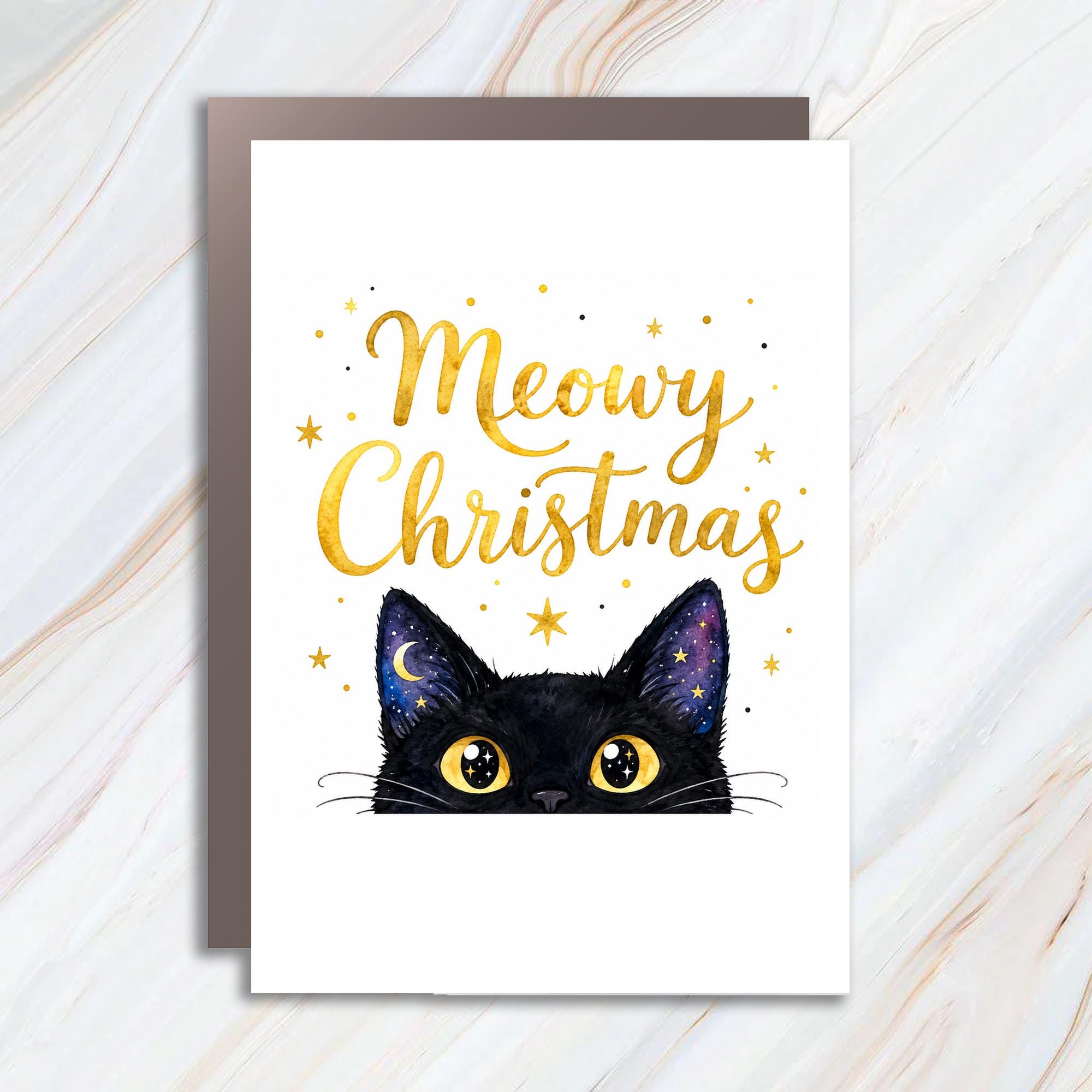 Meowy Christmas Cat Greeting Card Cute Holiday Card For Cat Lovers Funny Christmas Card Black Cat Illustration C1490