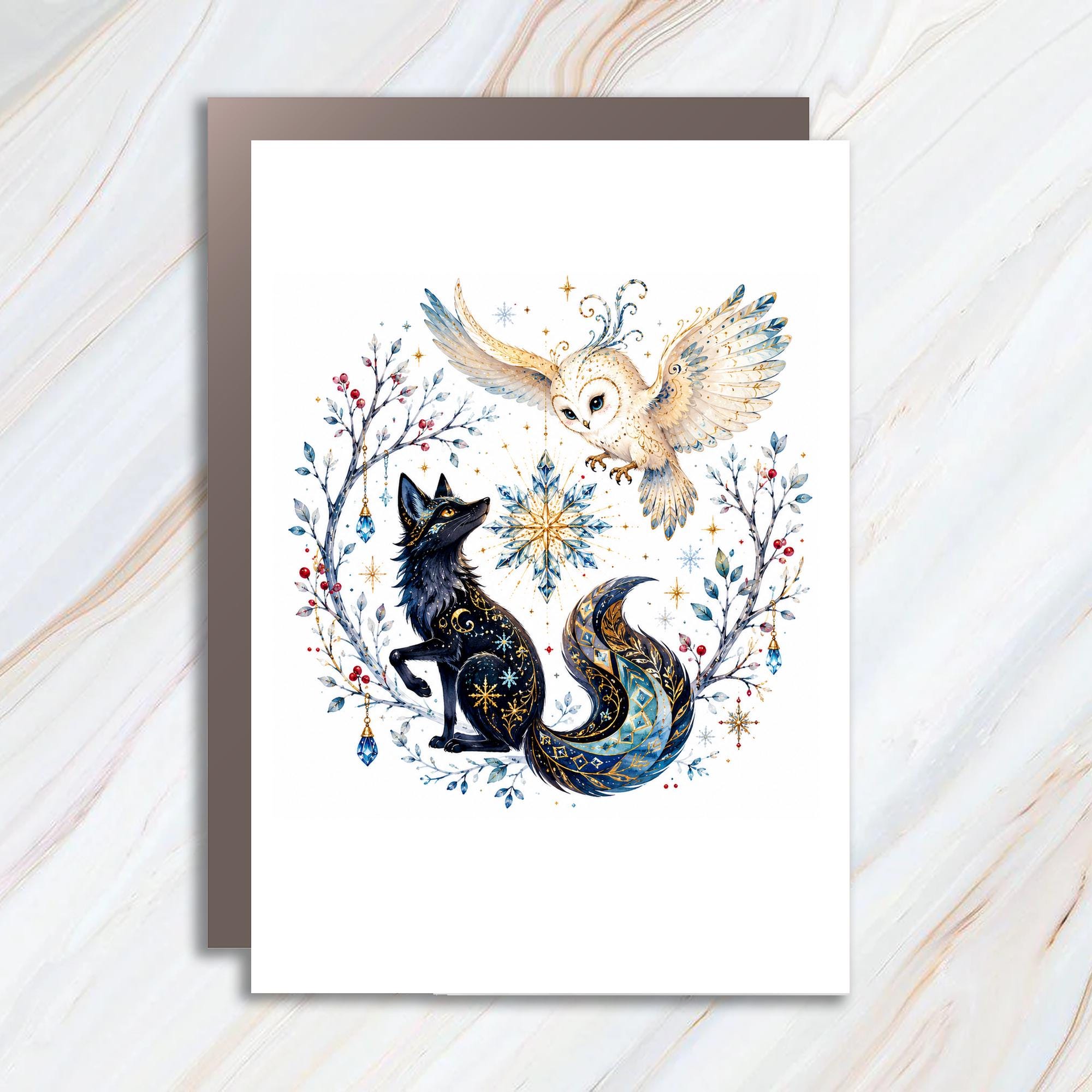 Fox And Owl Christmas Card Winter Animal Greeting Card For Nature Lover Holiday Card Woodland Scene Cute Festive Art C1497