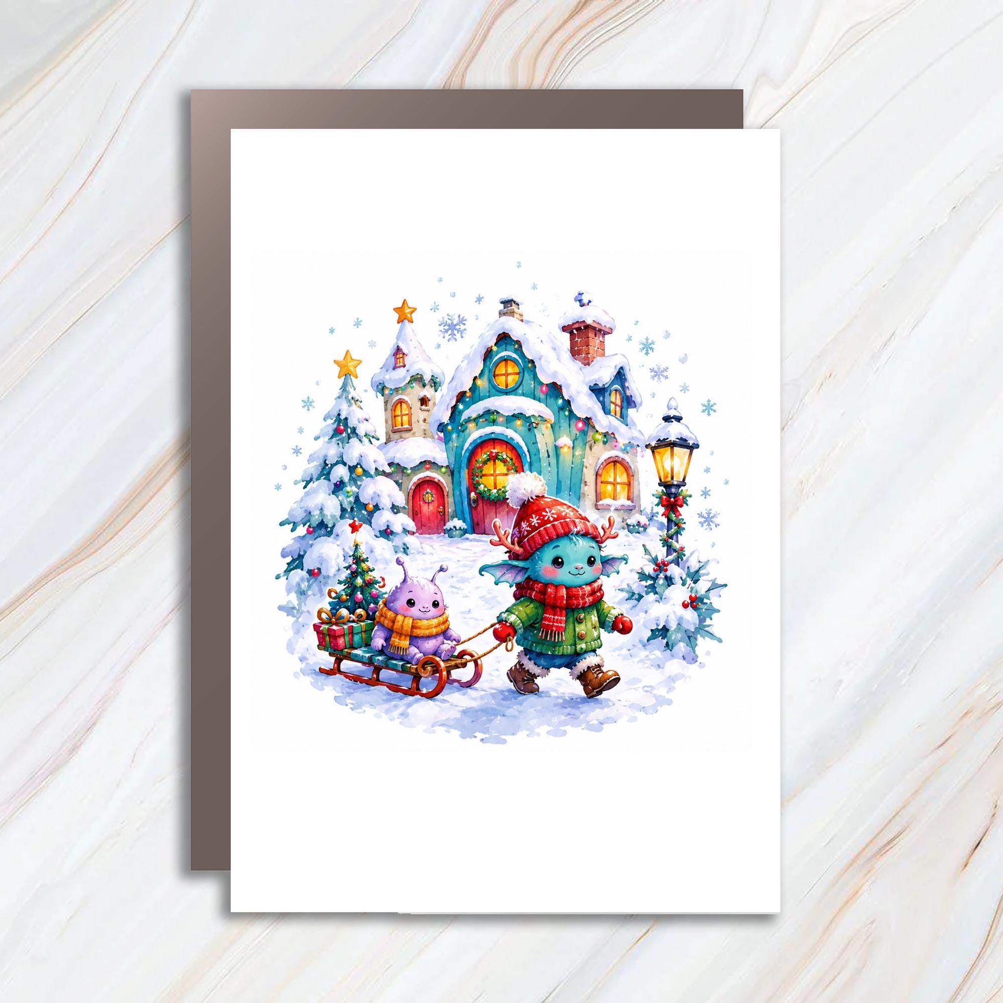 Cute Winter Creatures Christmas Card Holiday Greeting Card Adorable Snowy Scene For Kids Family Festive Illustration C1504