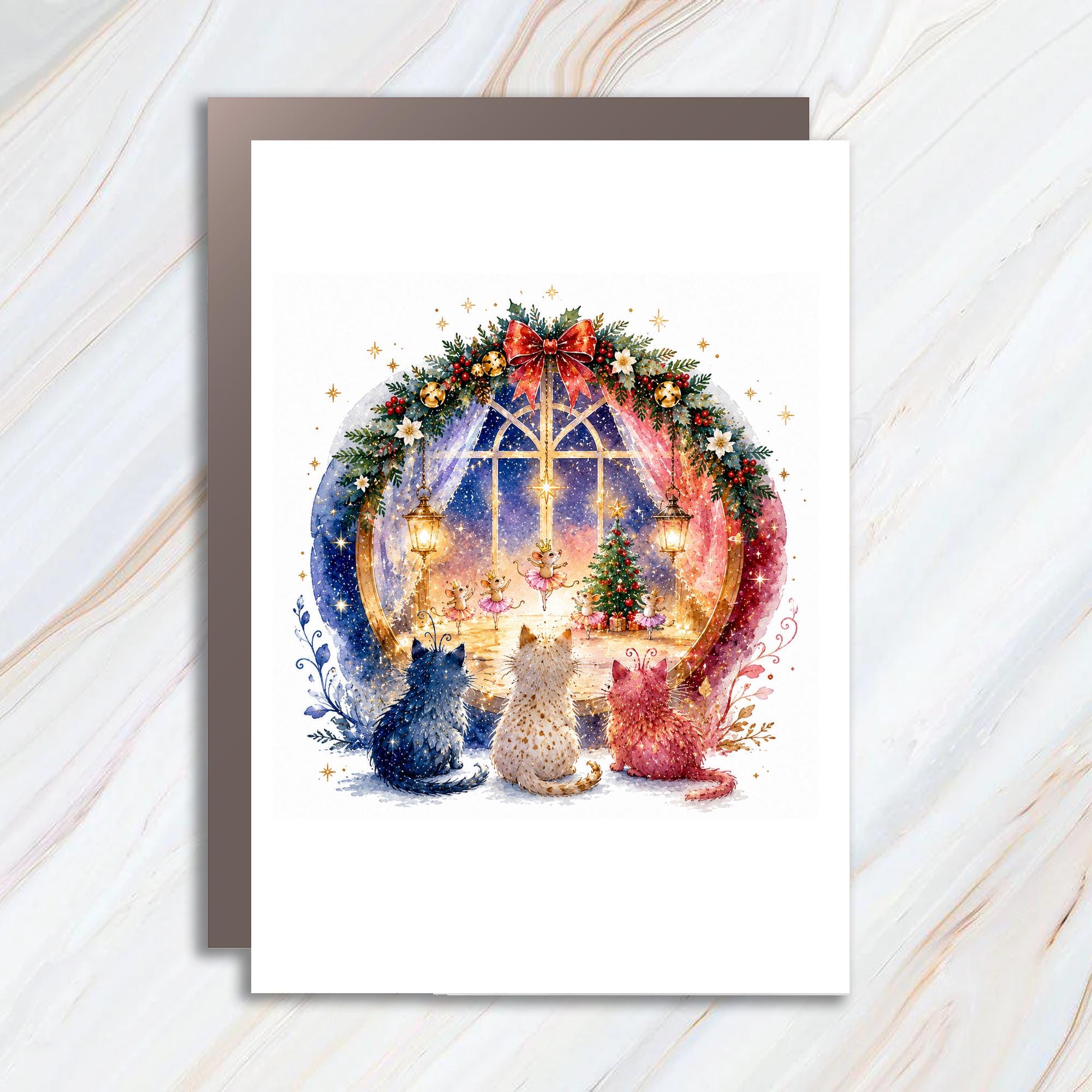 Cats Watching Ballet Mice Christmas Card Cute Holiday Greeting Card For Cat Lover Festive Animal Card Winter Scene C1506