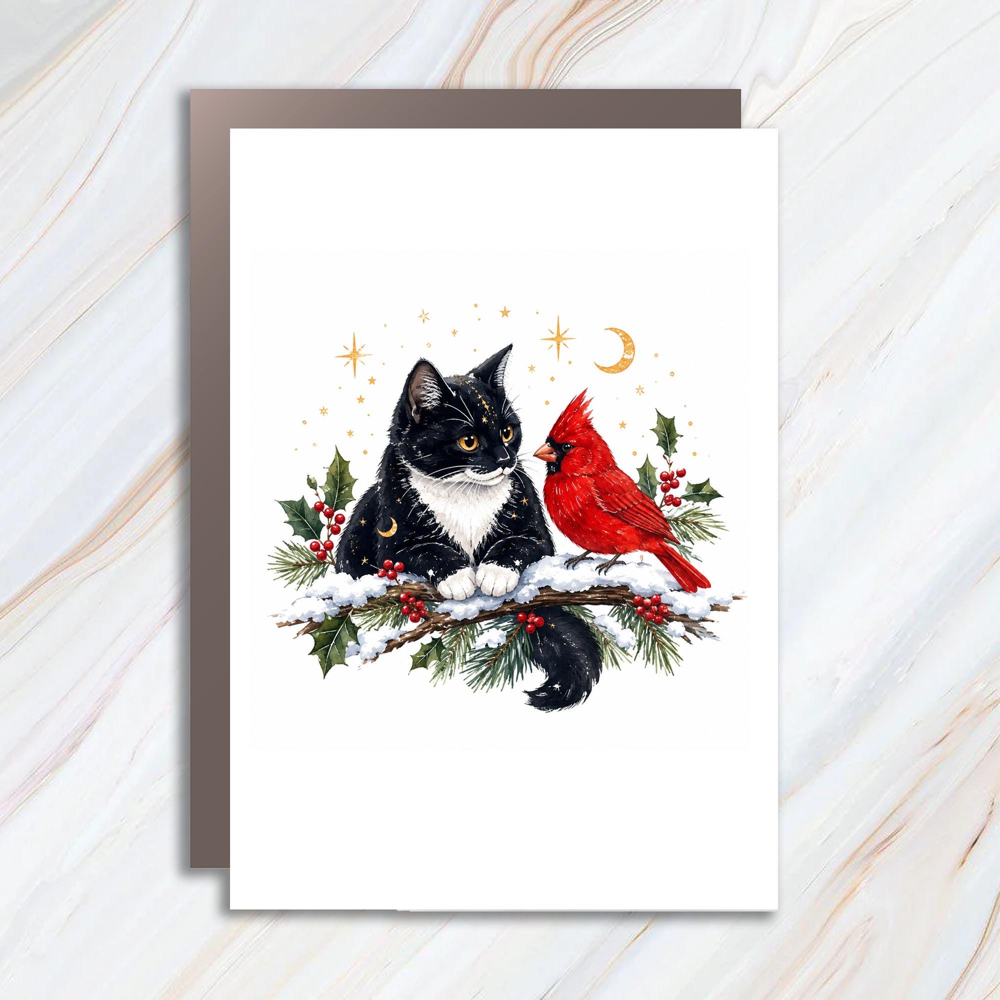 Cat And Cardinal Christmas Greeting Card Cute Animal Holiday Card Winter Scene For Cat Lover Festive Snowy Branch C1489