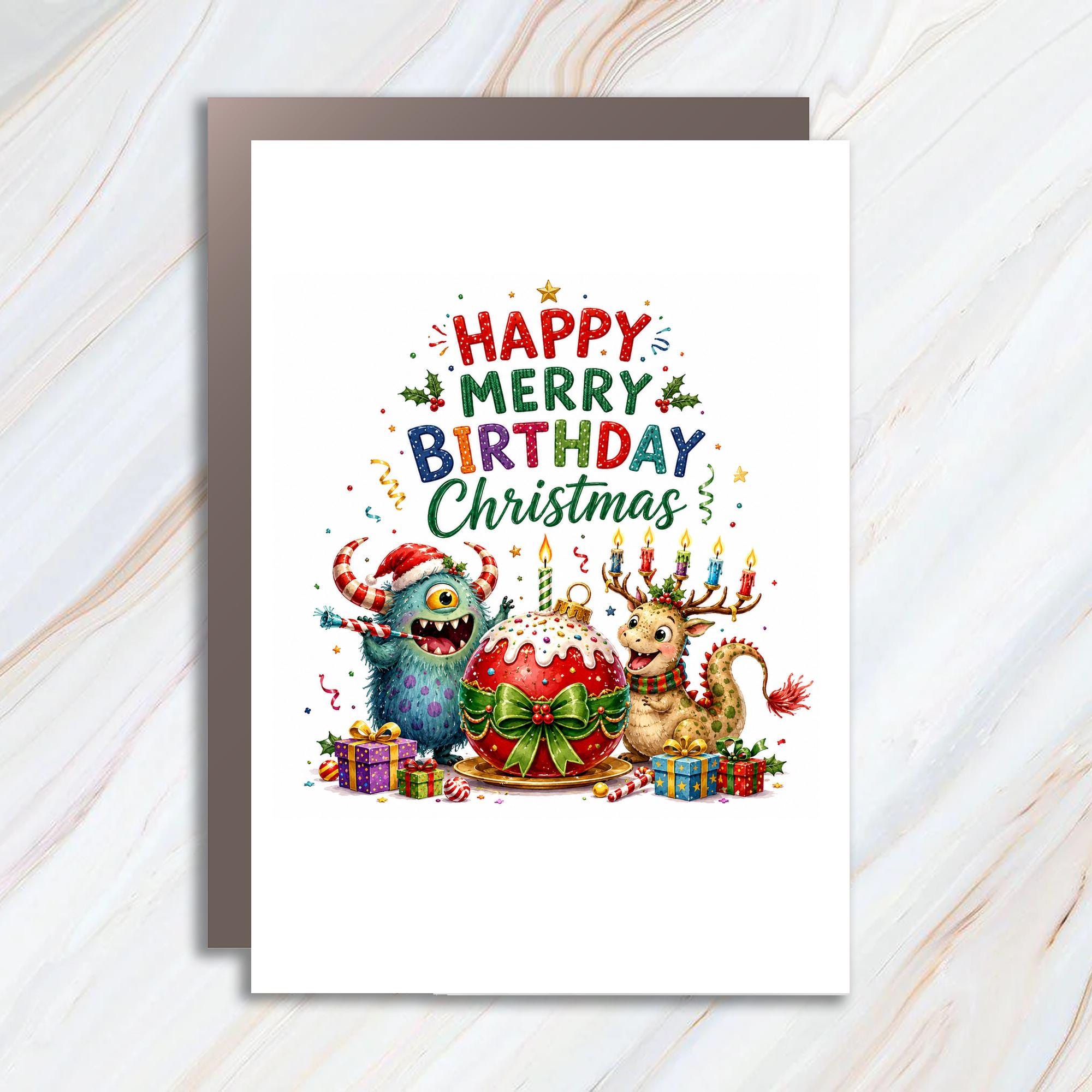 Happy Merry Birthday Christmas Funny Greeting Card Monster Reindeer Holiday Celebration Cute Festive Card For Kids C1496