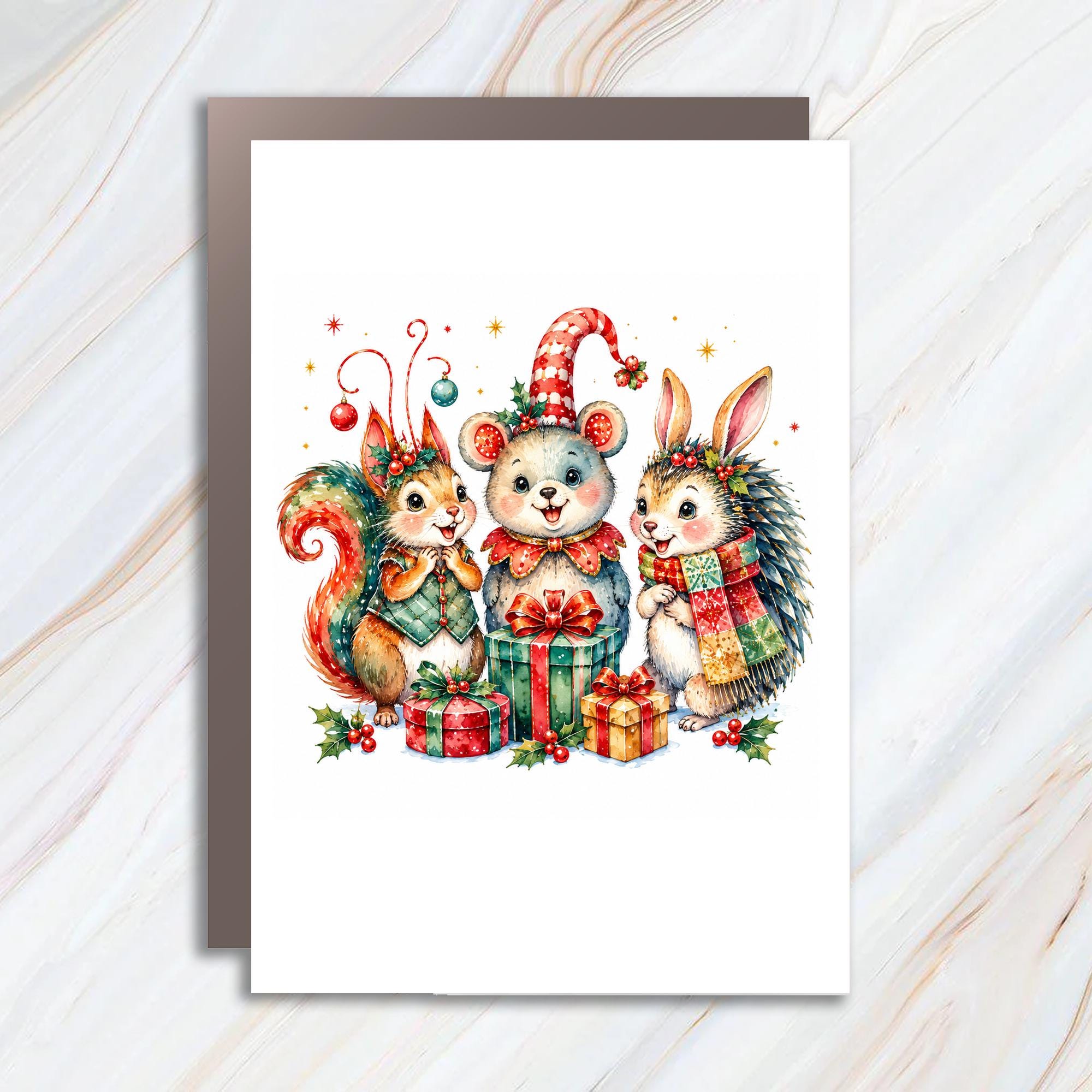 Cute Christmas Animals Greeting Card Holiday Card For Kids Adorable Squirrel Bear Hedgehog Festive Illustration C1498