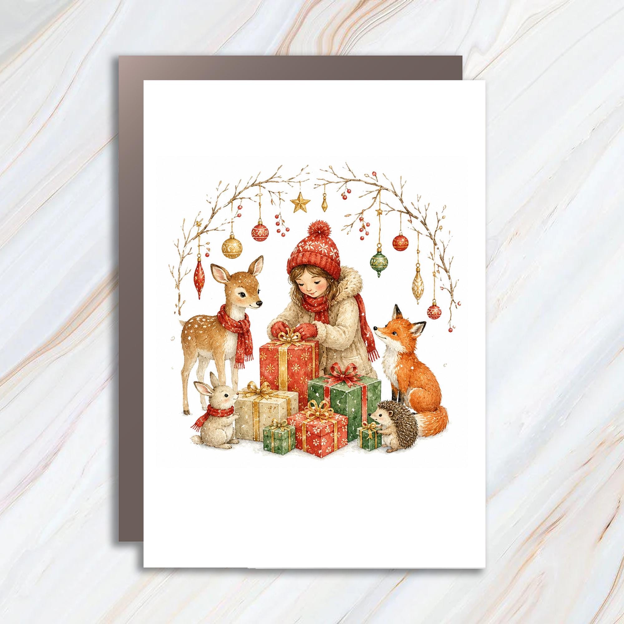 Christmas Greeting Card Girl With Animals And Gifts Holiday Card For Kids Cute Winter Scene Festive Art Woodland Animals C1505