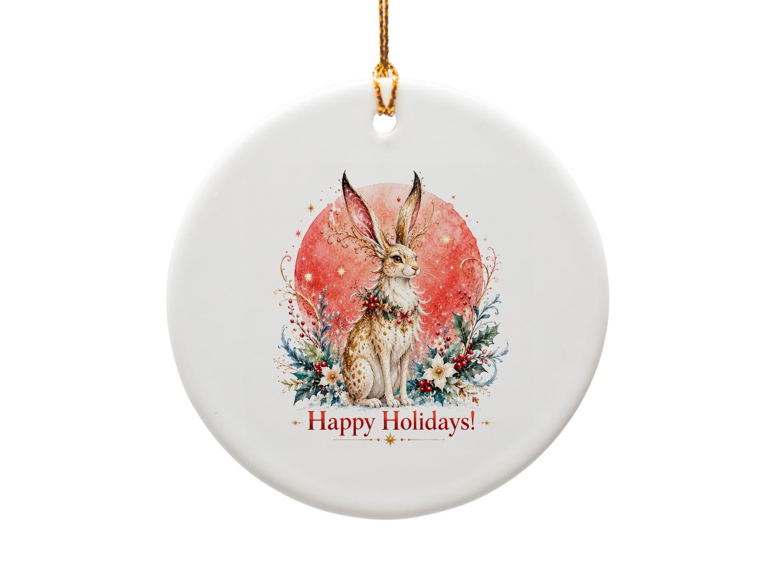 Happy Holidays! Christmas Card Festive Rabbit With Holly Poinsettias Winter Greeting Card For Animal Lover Cute Holiday Card C1468