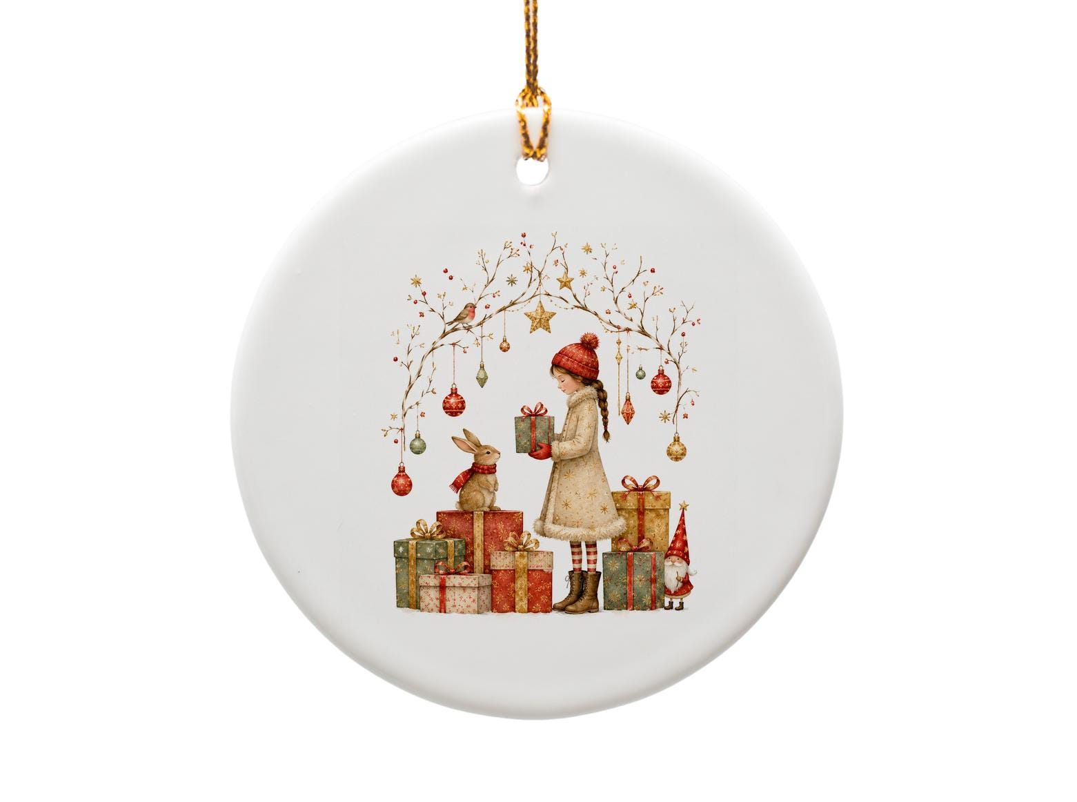 Christmas Card Girl With Gifts And Rabbit Holiday Greeting Card Cute Winter Scene For Kids Family Festive Illustration C1475