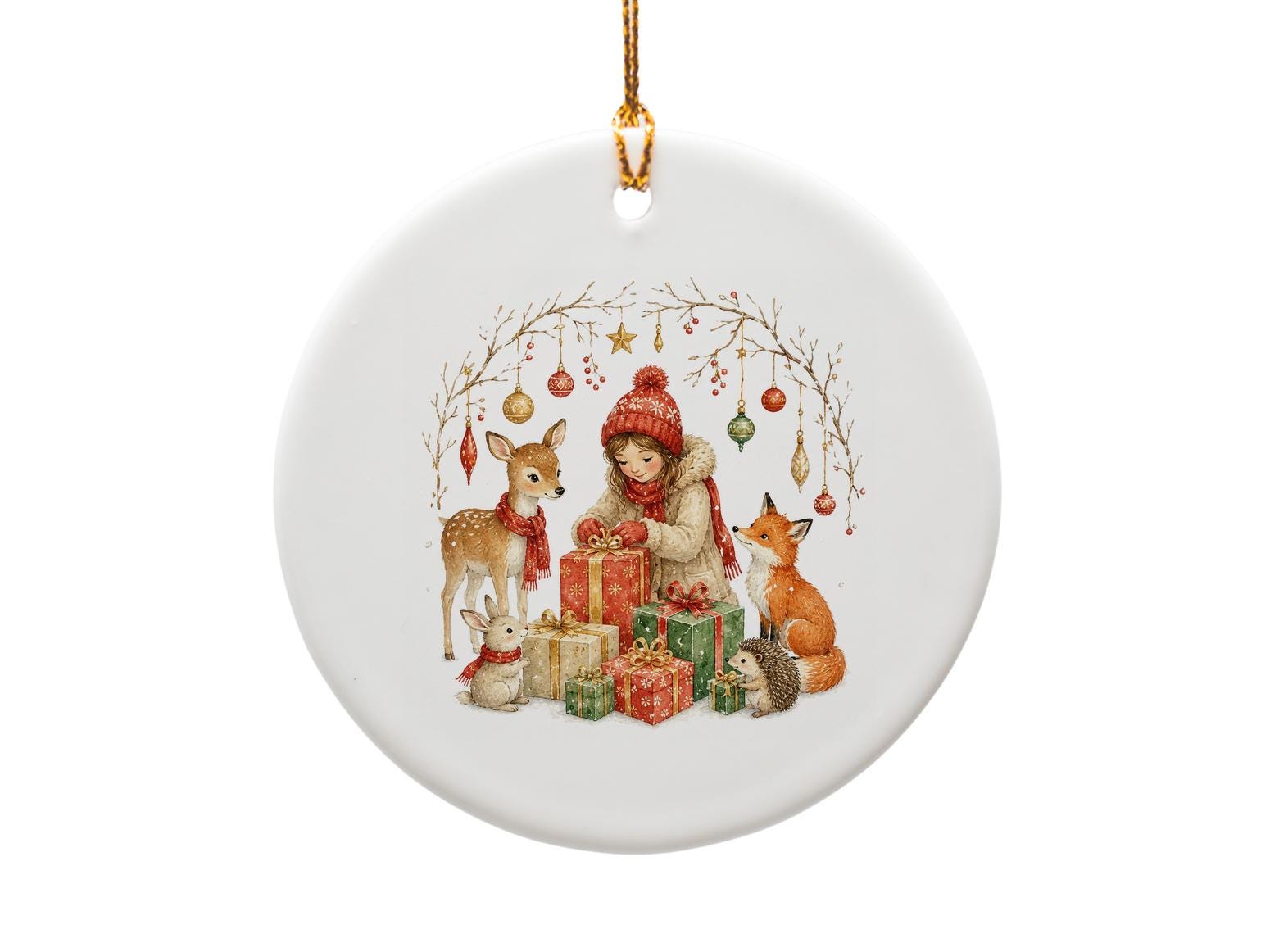 Christmas Ornament Girl With Animals And Gifts Woodland Holiday Decor Cute Winter Scene Festive Hanging Decoration O1505