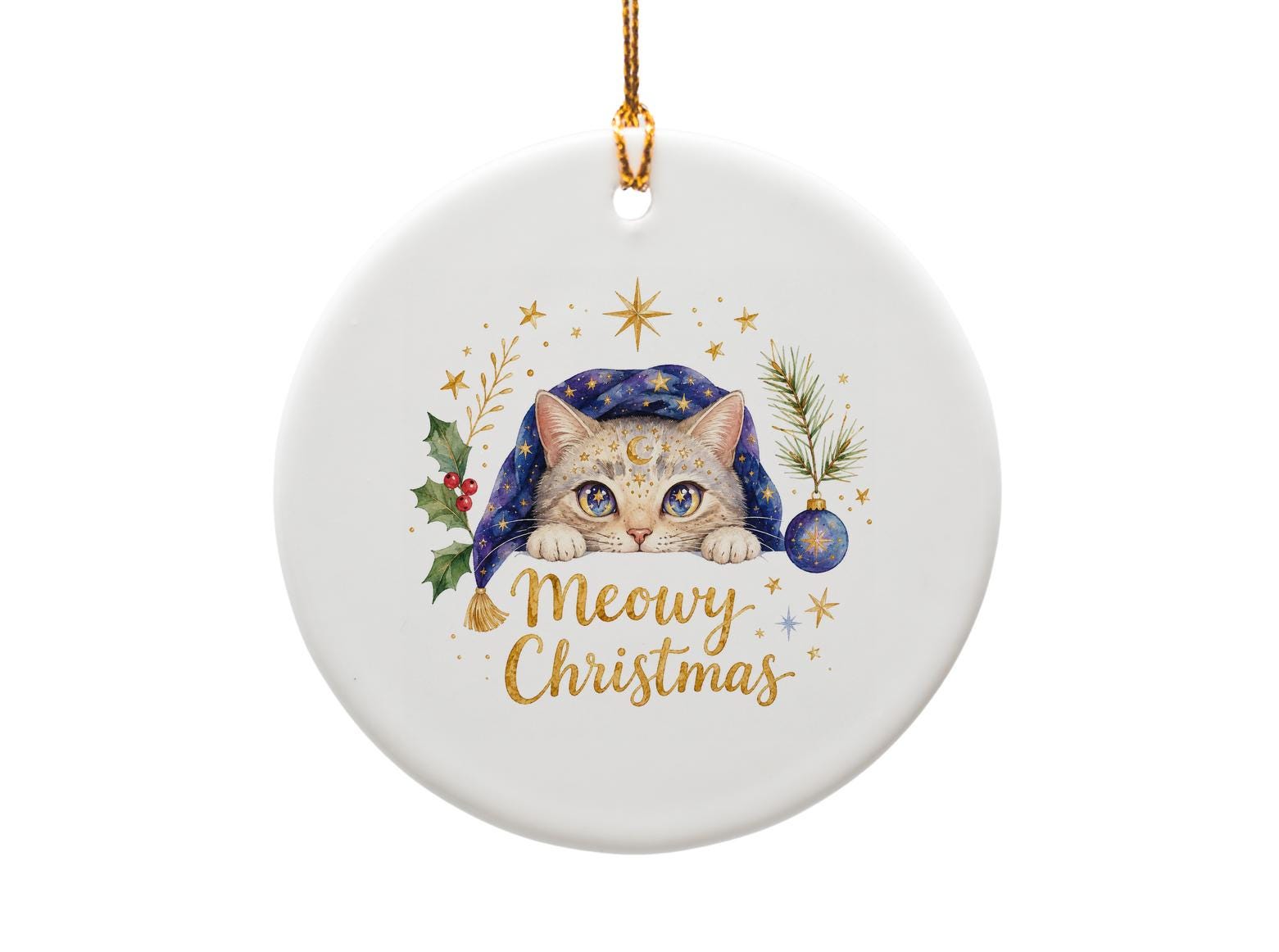 Meowy Christmas Cute Cat Christmas Card For Cat Lover Festive Holiday Greeting Card With Stars And Holly C1479